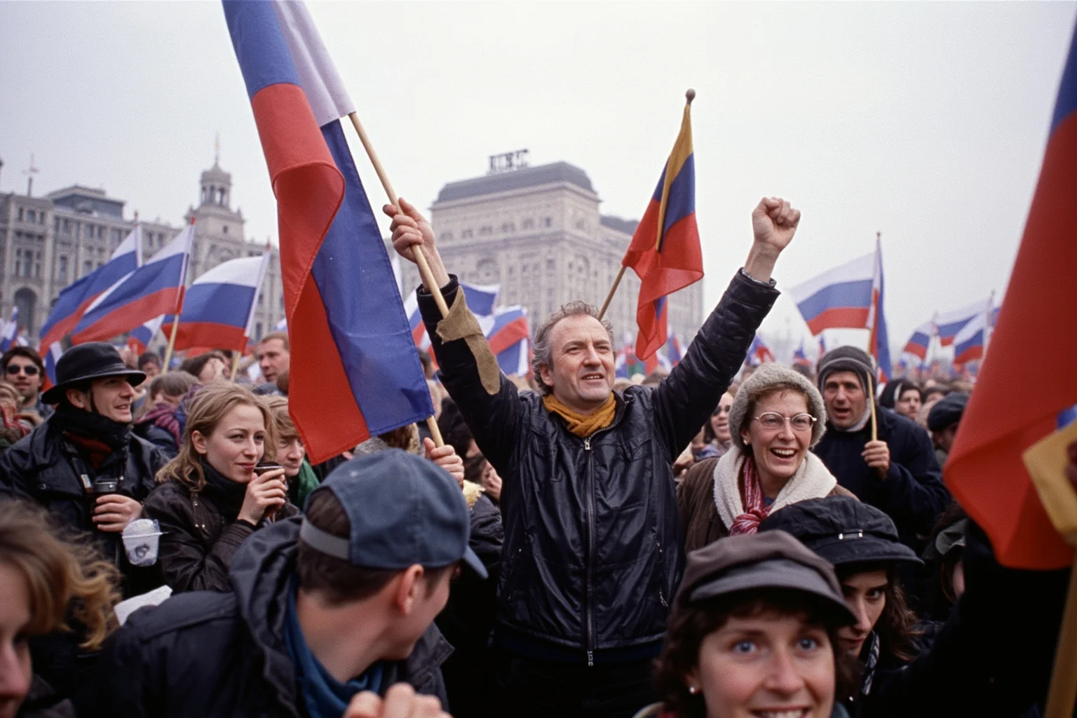 21 Times Governments Were Overthrown by the People 13 Crowds celebrating the dissolution of the Soviet Union in 1991 Moscow, Russian flags, winter city scene, hopeful atmosphere.