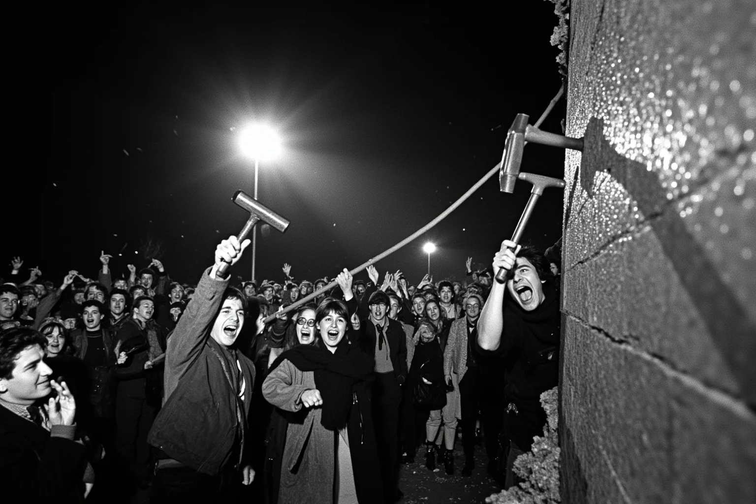 21 Times Governments Were Overthrown by the People 9 Crowds tearing down the Berlin Wall in 1989, night scene, floodlights, sledgehammers, joyful expressions, photojournalism style.