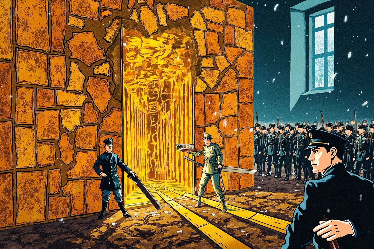 Crumbling palace chamber of golden amber panels being crated by soldiers in 1940s uniforms, snow outside tall windows, cold blue light, historical illustration.
