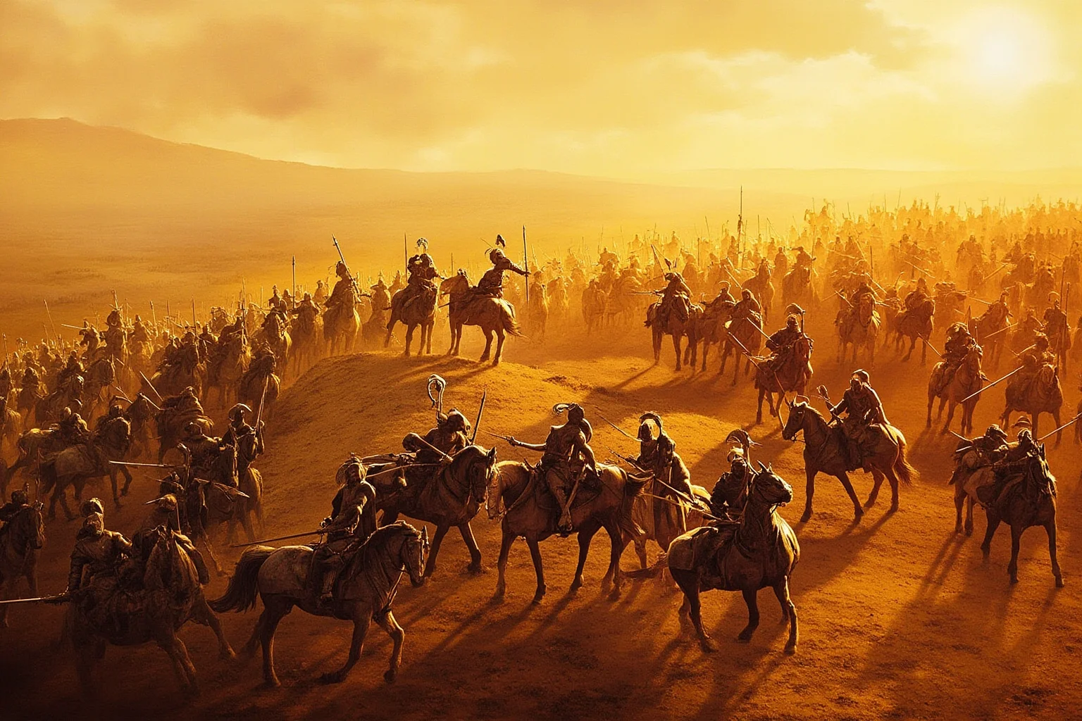 25 Epic Battles of History: The Greatest Clashes That Shaped Our World 17 Crusader knights exhausted and surrounded on a dry hilltop at the Battle of Hattin, blazing sun, historical illustration