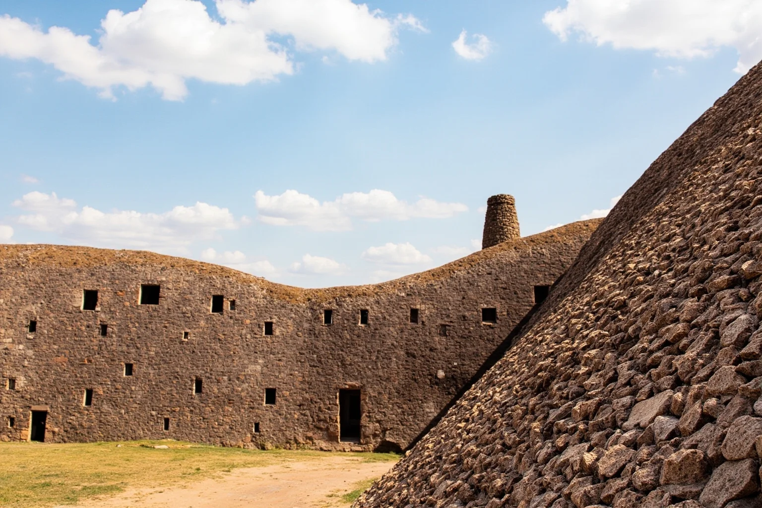 Curved granite walls of Great Zimbabwe with the conical tower, dry-stone masonry under a wide savanna sky