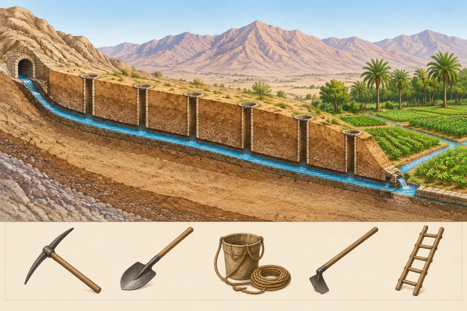 23 Historical Finds That Reveal Advanced Ancient Civilizations 8 Cutaway educational illustration of a Persian qanat showing a sloping underground water tunnel, vertical access shafts, an oasis field being irrigated, and simple hand tools, no text, no people.