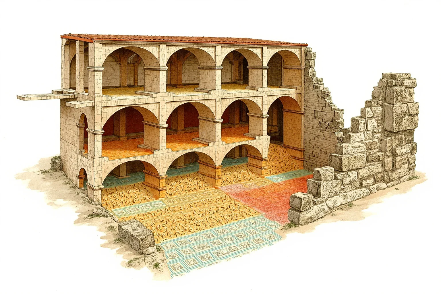 Cutaway illustration of a Roman bathhouse hypocaust with hot air flowing under the floor