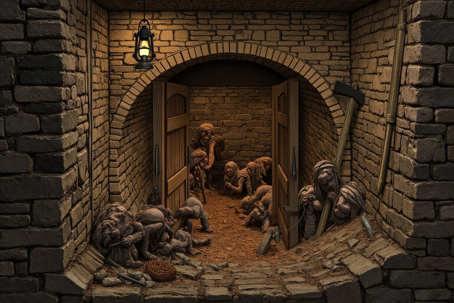 Cutaway illustration of a secret tunnel dug beneath a castle with a lantern and tools, prisoners crawling through