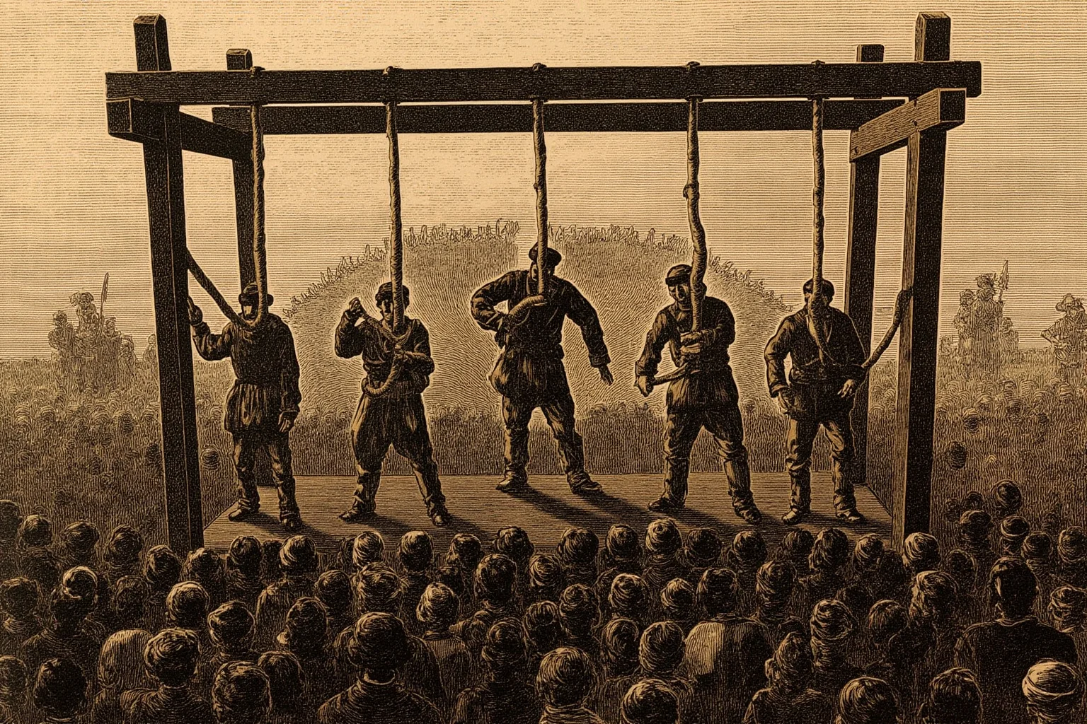 Executions Gone Horribly Wrong: 28 Botched Executions That Shocked History 7 Dark Victorian print-style illustration of a Newgate scaffold at dawn with five nooses and a dense crowd, soldiers in the background, muted browns.