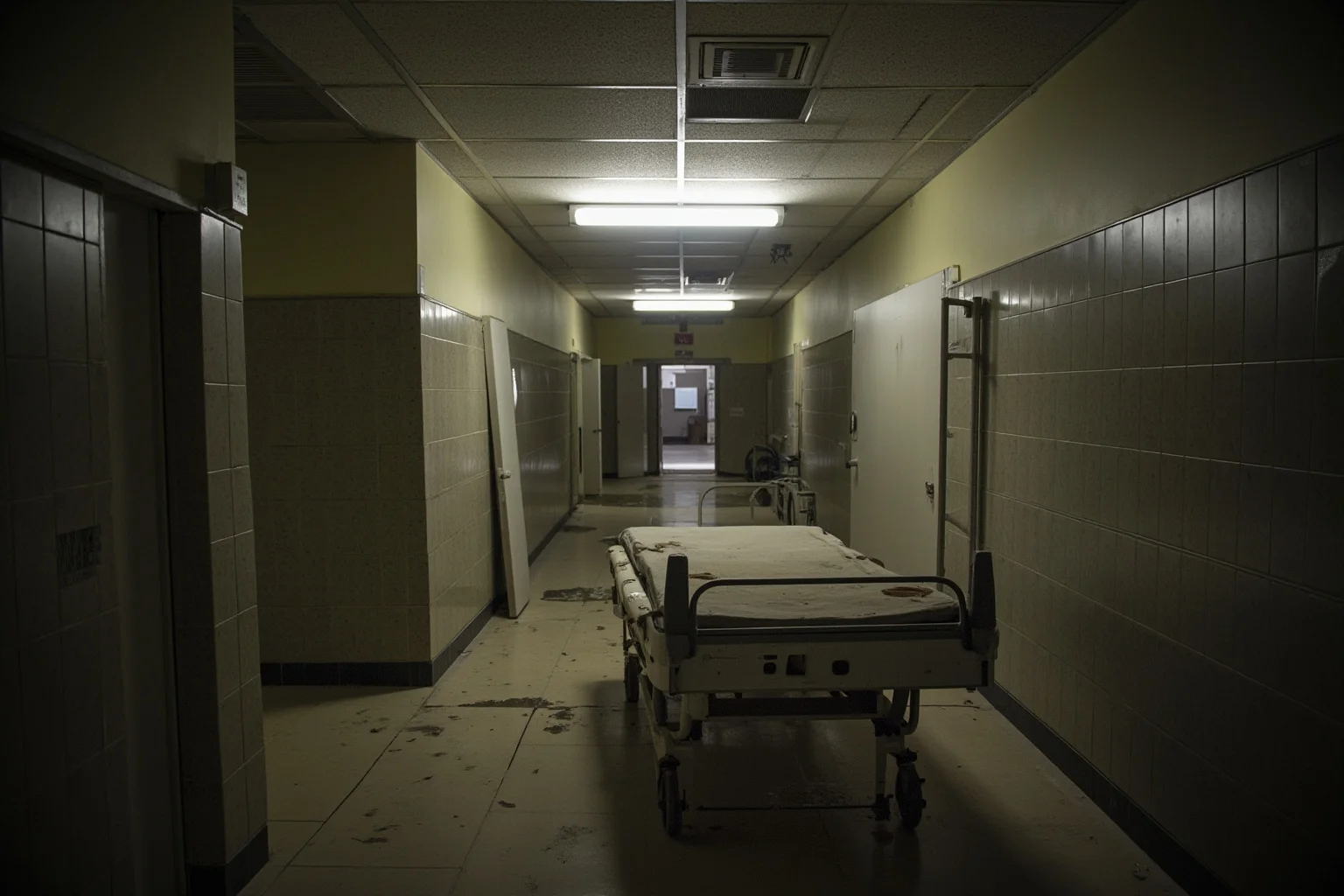 Derelict hospital corridor with tiled walls, rusted gurney, flickering fluorescent fixture, puddles on linoleum, no people, photorealistic.