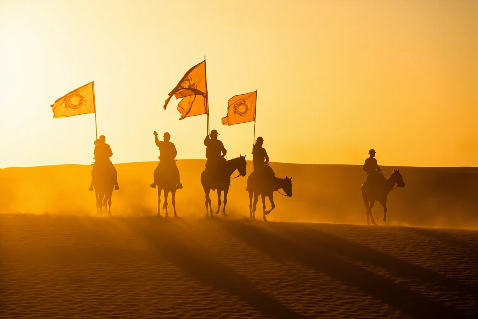 Desert cavalry moving across dunes at dawn, flowing banners, long shadows, cinematic wide shot