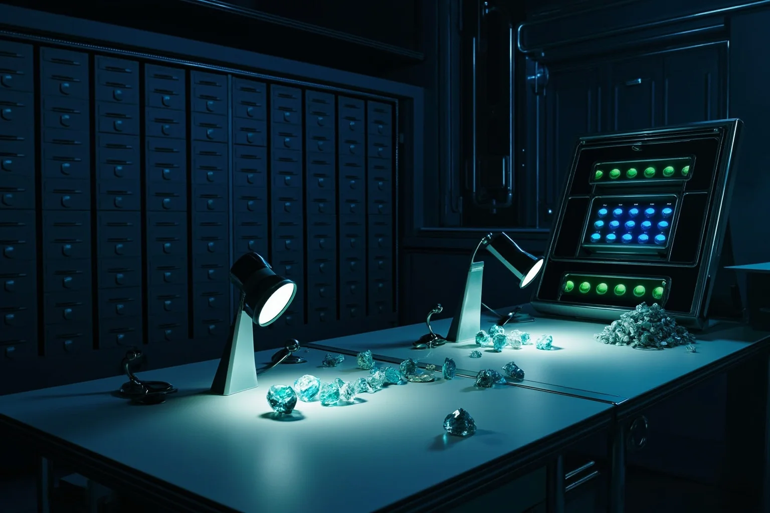 Diamond district vault with rows of safe deposit boxes, magnifying loupes and loose stones on a table, alarm panel glowing green, cool blue lighting.