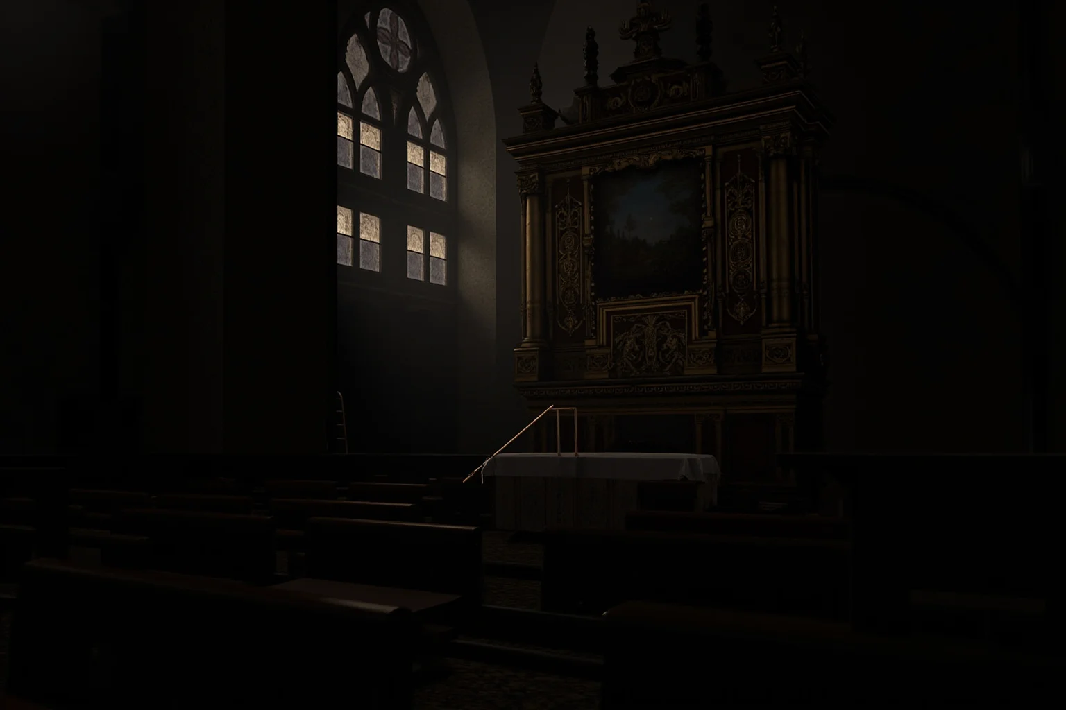 Dim cathedral interior with an ornate gilded altarpiece missing one painted panel, a ladder left in the shadows, stained glass glow, atmospheric chiaroscuro.