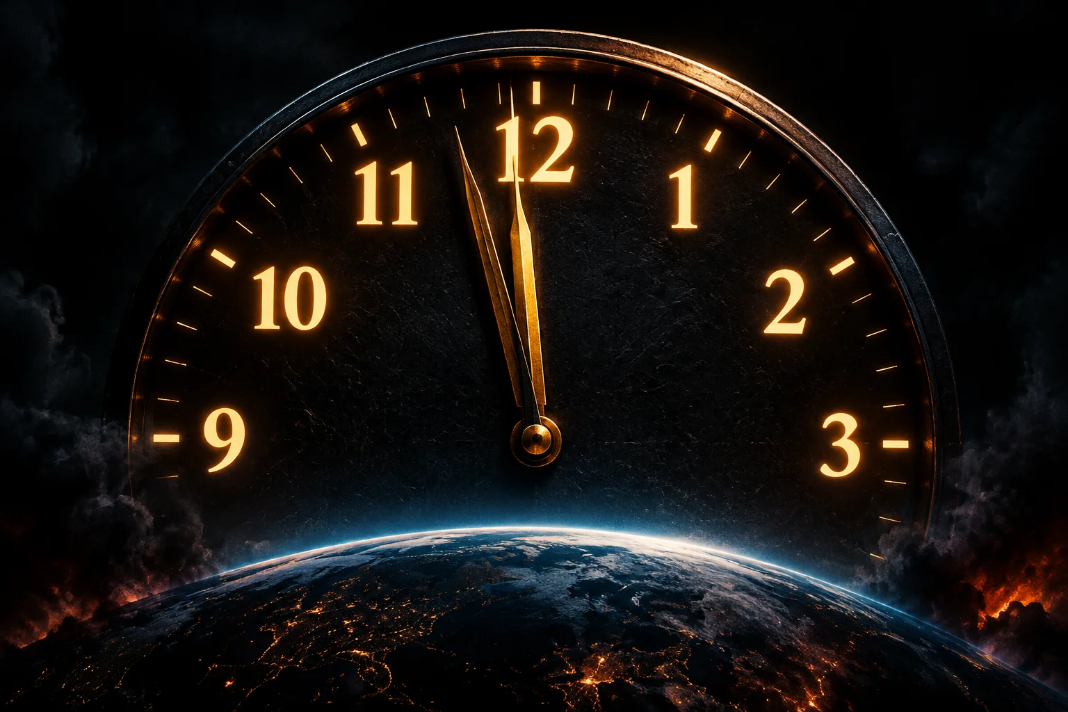 Doomsday Clock symbolic image with clock hands near midnight, dark background and glowing numerals