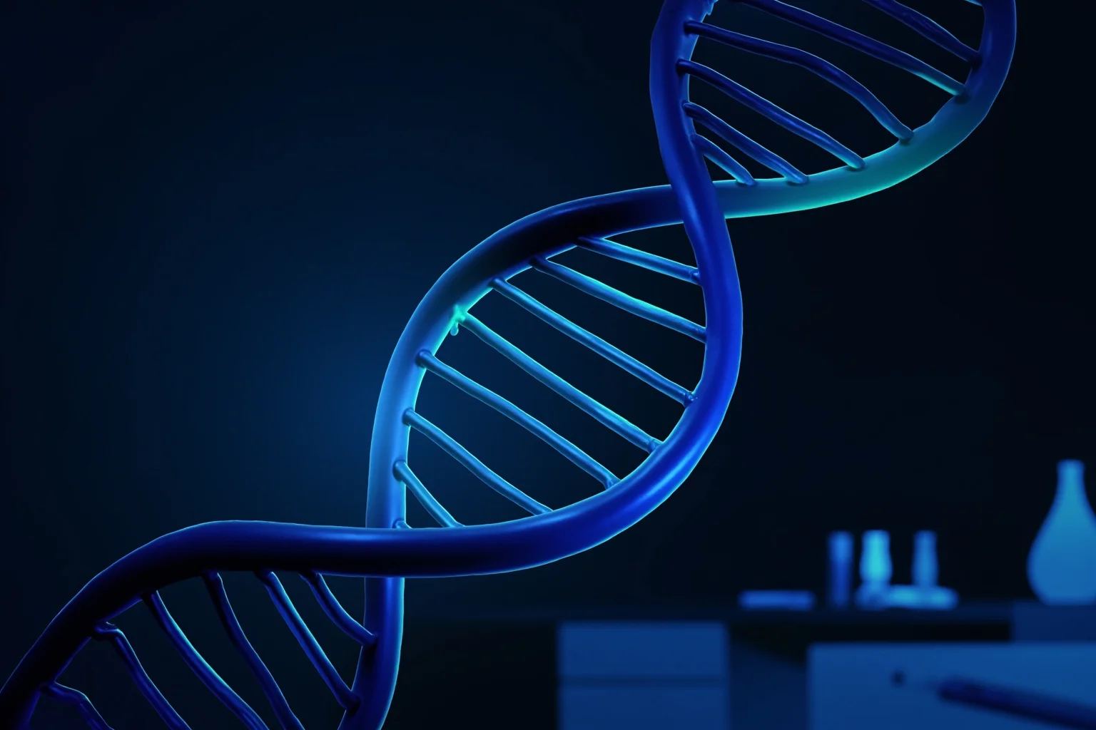 Things Americans Did First Before Any Other Country 23 Double helix DNA strand glowing over a laboratory bench with scientific instruments, symbolizing the Human Genome Project.
