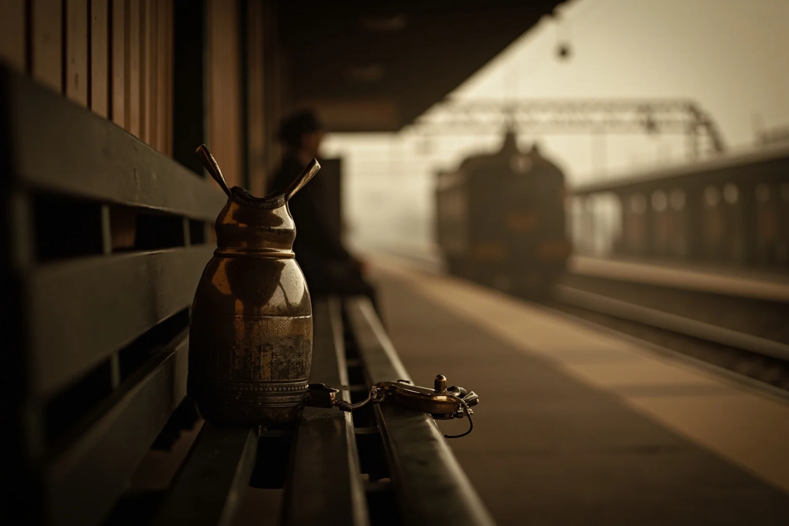 Dramatic 19th-century train station scene in soft focus, a doctor's bag and early metal-detector device on a bench, sepia tones