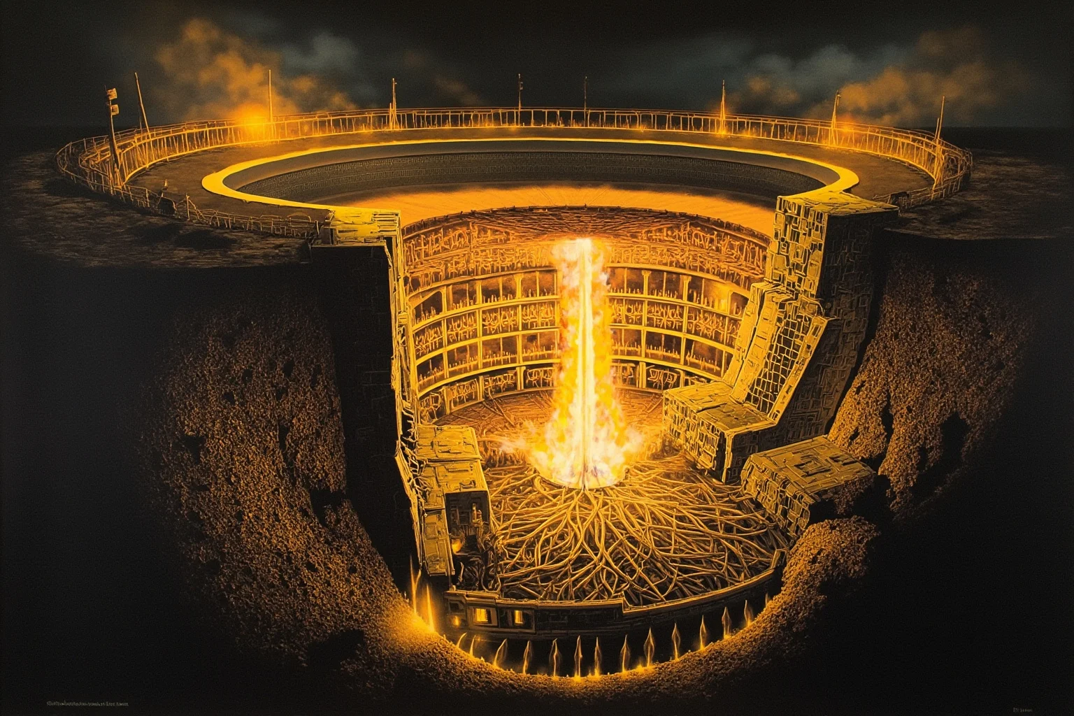 Things Americans Did First Before Any Other Country 3 Dramatic cutaway illustration of a 1940s nuclear reactor core beneath a university stadium, glowing with controlled chain reaction energy.
