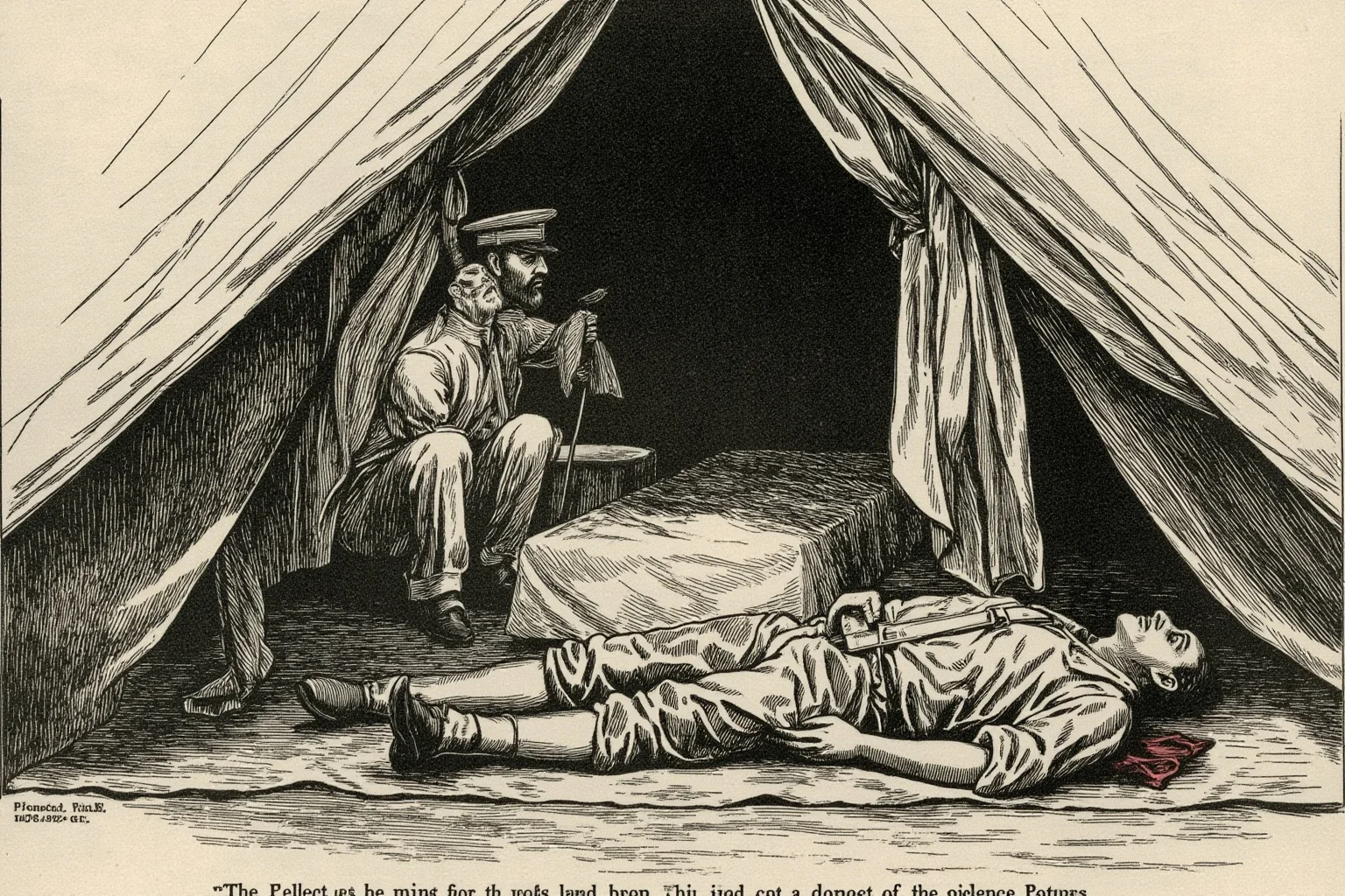 Dramatic illustration of a World War I field hospital tent with a surgeon and a wounded officer in 1915