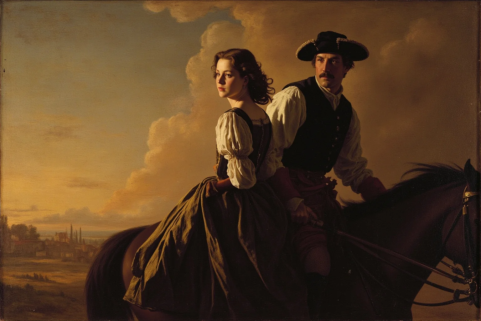 Dramatic illustration of a young woman in male traveling clothes riding away at dusk beside a fencing master with a sword, 1690s France
