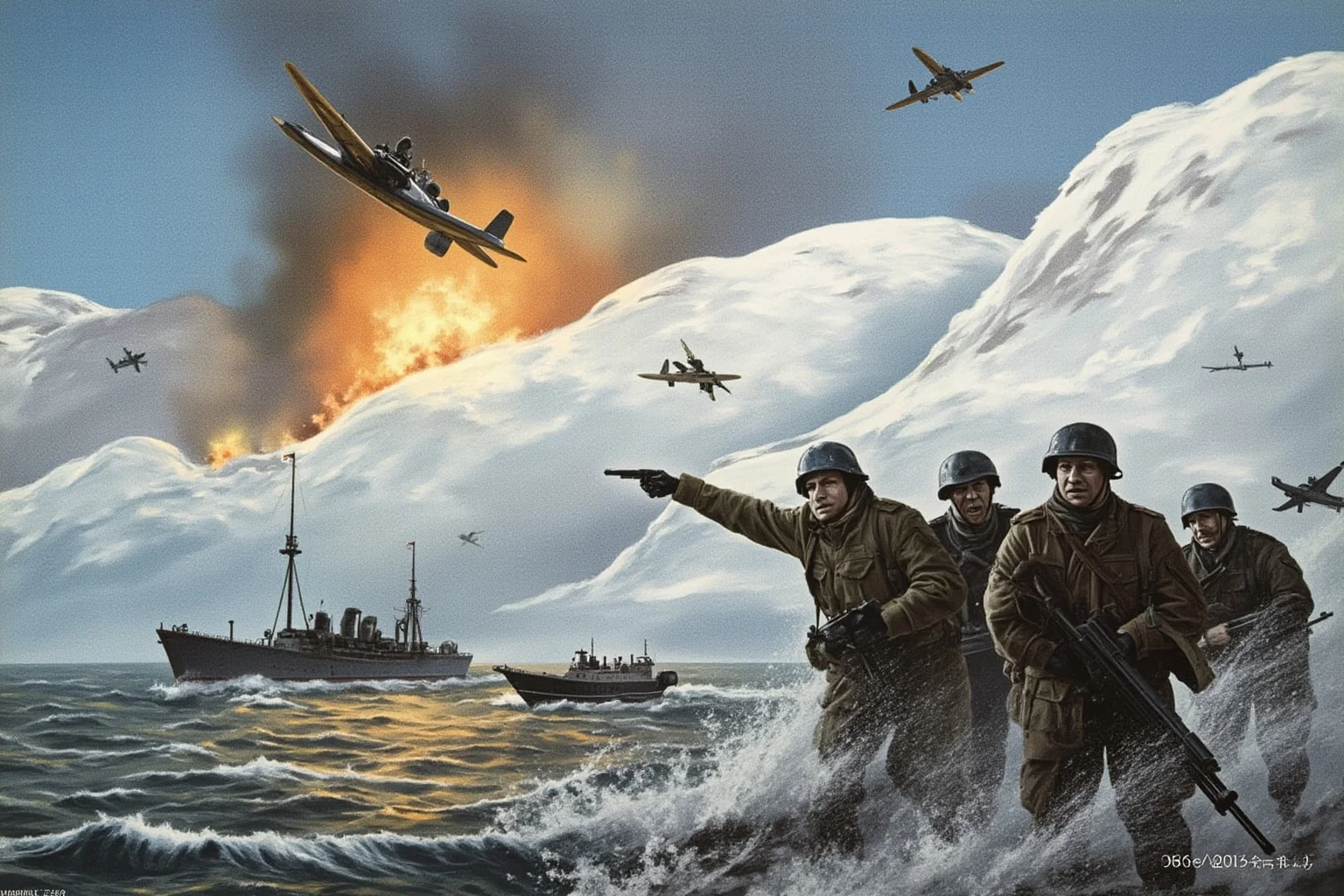 Dramatic illustration of British troops landing at a Norwegian fjord port in April 1940 under aerial bombardment, snow-covered hills behind