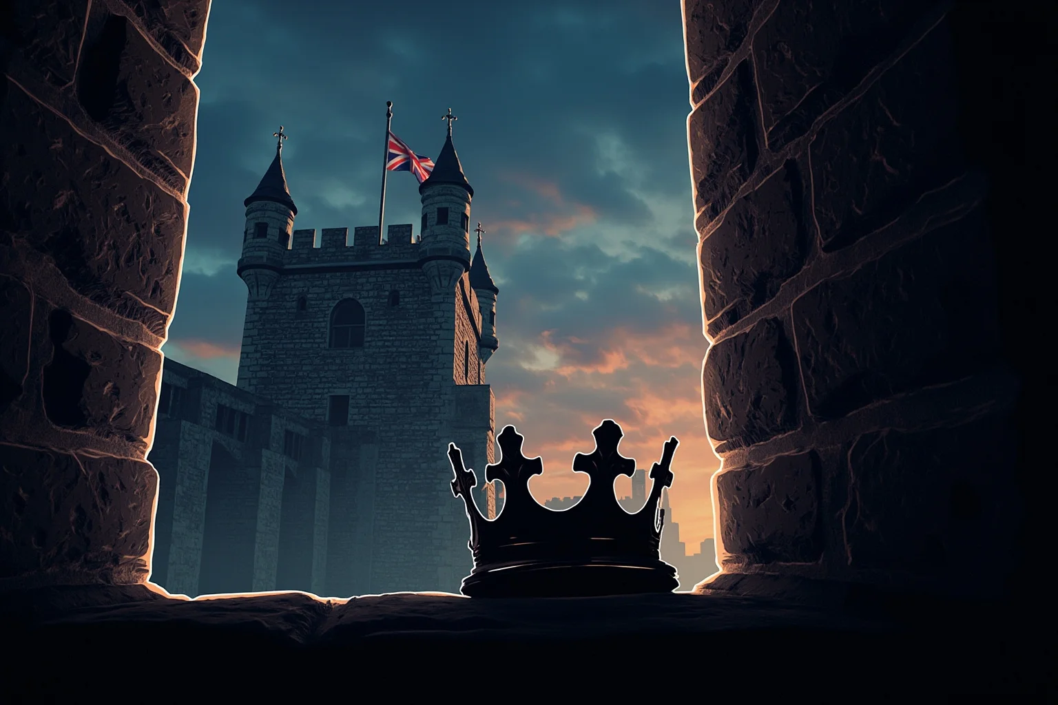 Dramatic illustration of the Tower of London at dusk with a lone empty crown on a stone windowsill, gothic atmosphere