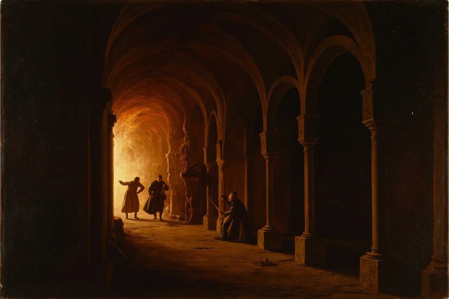 Dramatic night scene of a burning convent room in 17th-century Avignon with two figures escaping through shadowy corridors, painterly style