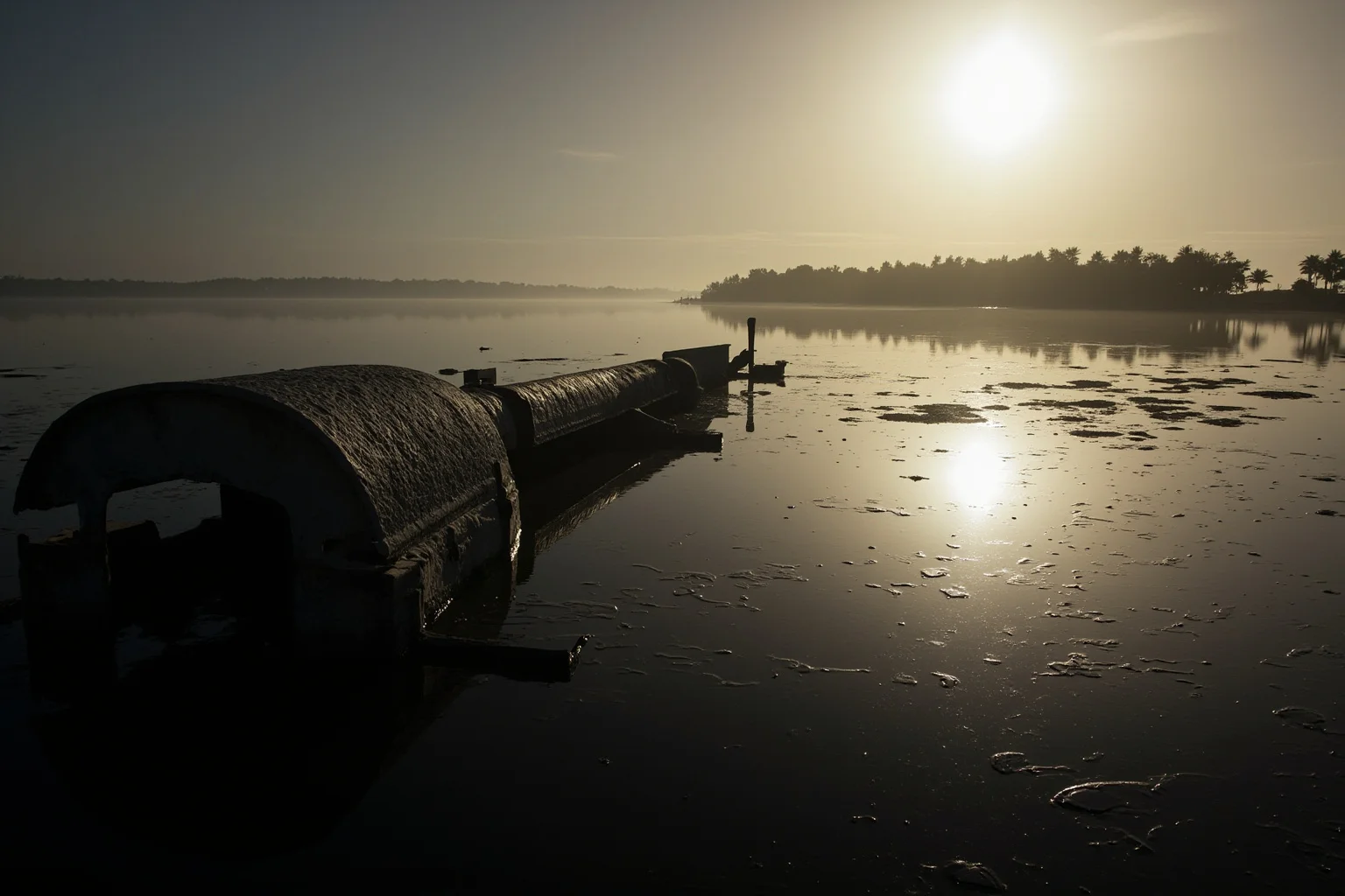 Dramatic wide shot of a sunken battleship memorial in a calm harbor at dawn, oil droplets rising to the surface, respectful and somber mood