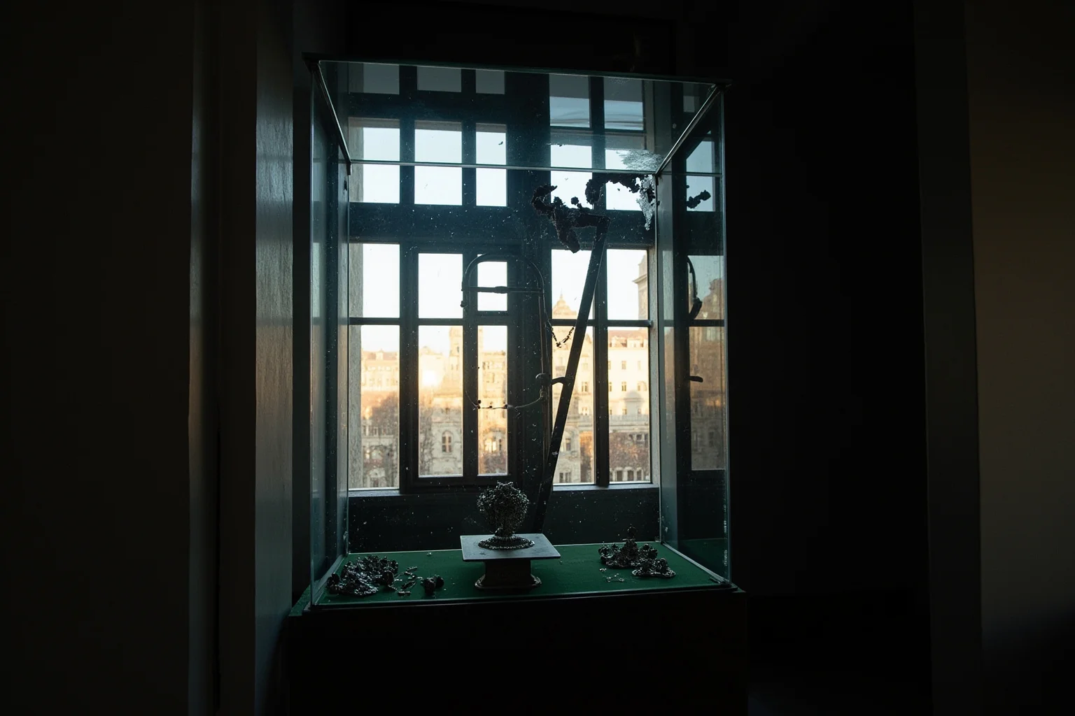 Dresden palace museum interior, smashed glass display case with 18th-century diamond jewellery, a ladder propped below a broken window, cold dawn light.
