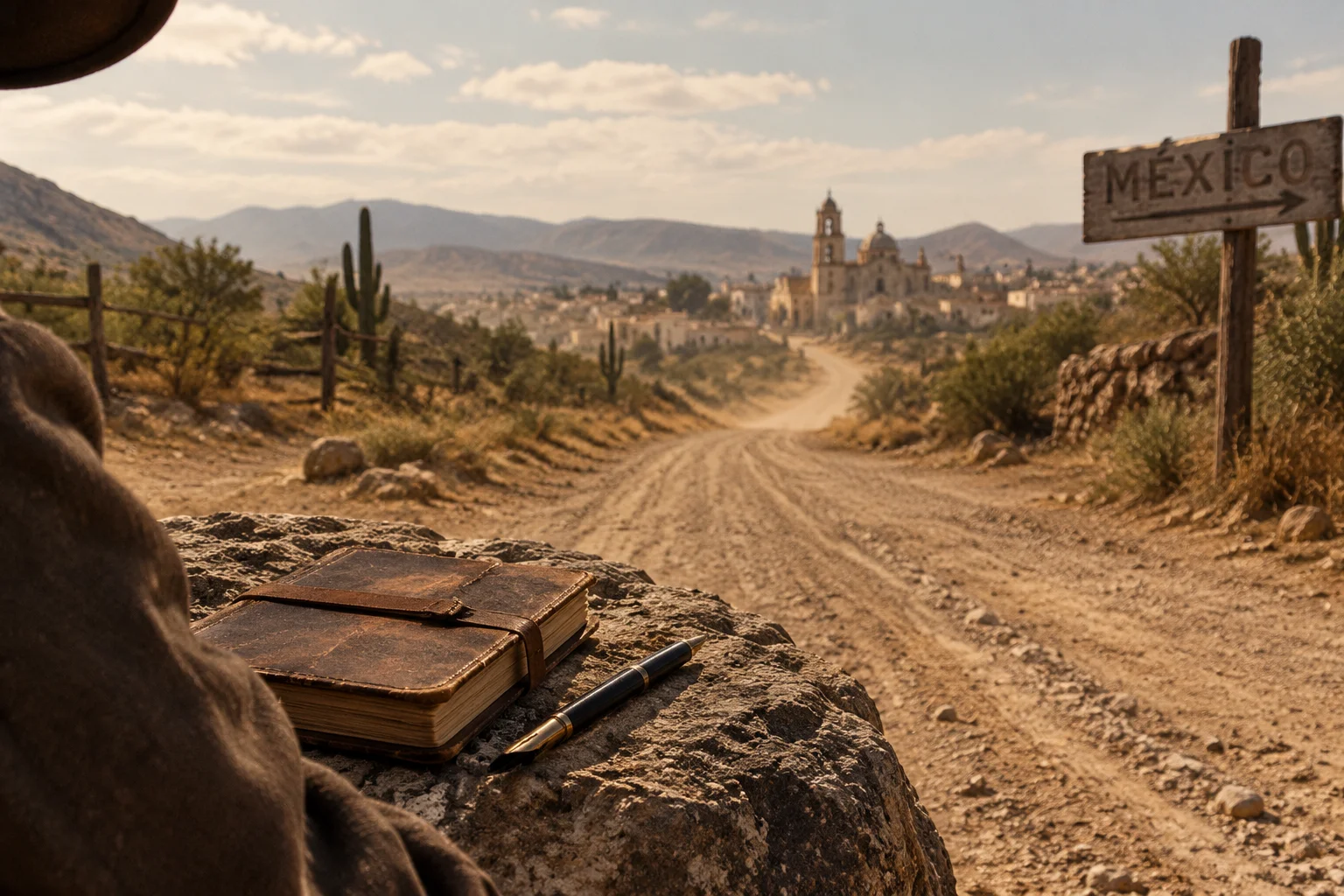 Dusty road into Mexico in 1913 with a lone writer's notebook and pen on a rock, no face shown, historical mood