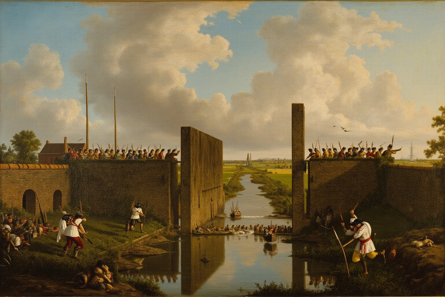Military Tactics That Seemed Brilliant: 20 That Were Pure Desperation 19 Dutch soldiers opening floodgates to flood farmland as a defensive barrier, 17th-century Netherlands, dramatic landscape painting