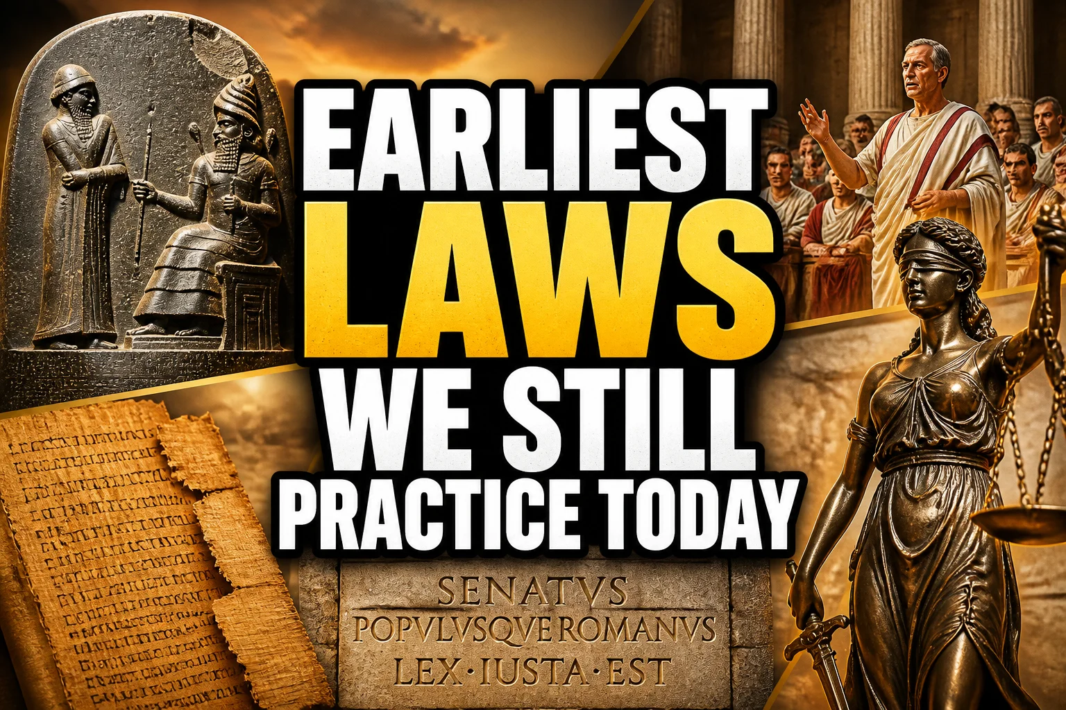 Earliest Laws We Still Practice Today: 10 First Law Codes That Shaped Modern Rules 2 A bold, high-impact blog featured image in the style of a professional YouTube thumbnail or documentary poster. Create a dramatic photo-collage montage of 3-5 distinct historical scenes, subjects, or artifacts directly relevant to "Earliest Laws We Still Practice Today: 10 First Law Codes That Shaped Modern Rules" — vivid, cinematic documentary-photography style, rich color grading, high contrast, dynamic diagonal composition blending the scenes together. Overlay a large, bold, stacked headline of text on top reading exactly: "EARLIEST LAWS WE STILL PRACTICE TODAY". Render the headline in a heavy, condensed, high-contrast font with a black outline/stroke for legibility, mixing white text with a single vibrant accent color (gold, red, or orange) on the most important word or phrase for emphasis, spelled correctly. The headline text must be the dominant visual element — large, bold, and easy to read even at small thumbnail size. Vibrant, punchy, professional commercial photography and graphic-design composition. 16:9 landscape. Keep the headline text within the vertical center safe zone, away from the very top and bottom edges of the frame, since the image may be cropped afterward. No watermarks, no logos, no extra captions or invented text beyond the headline itself.