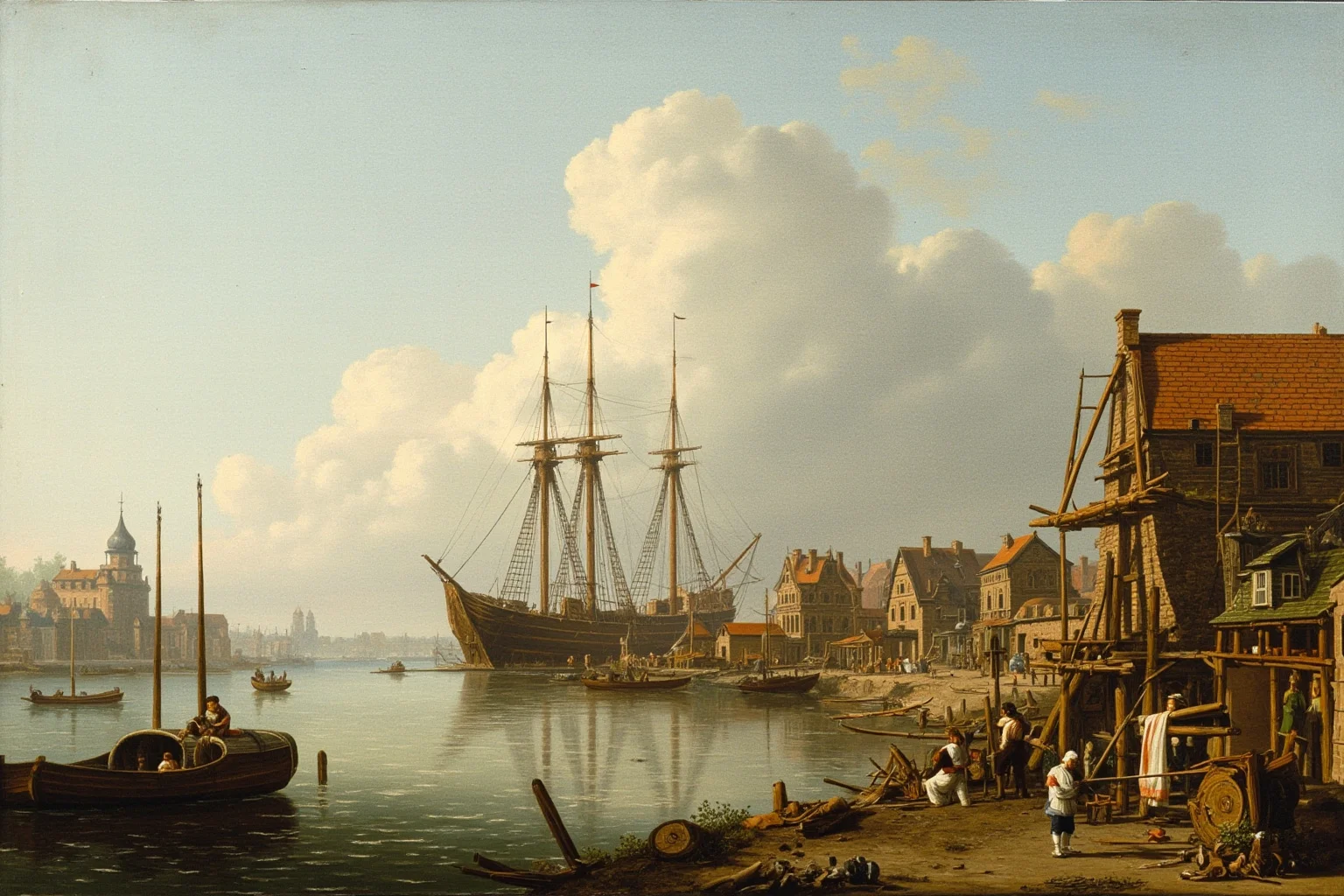 Early 18th-century Russian port city under construction with shipwrights building a tall ship by the river, painterly style