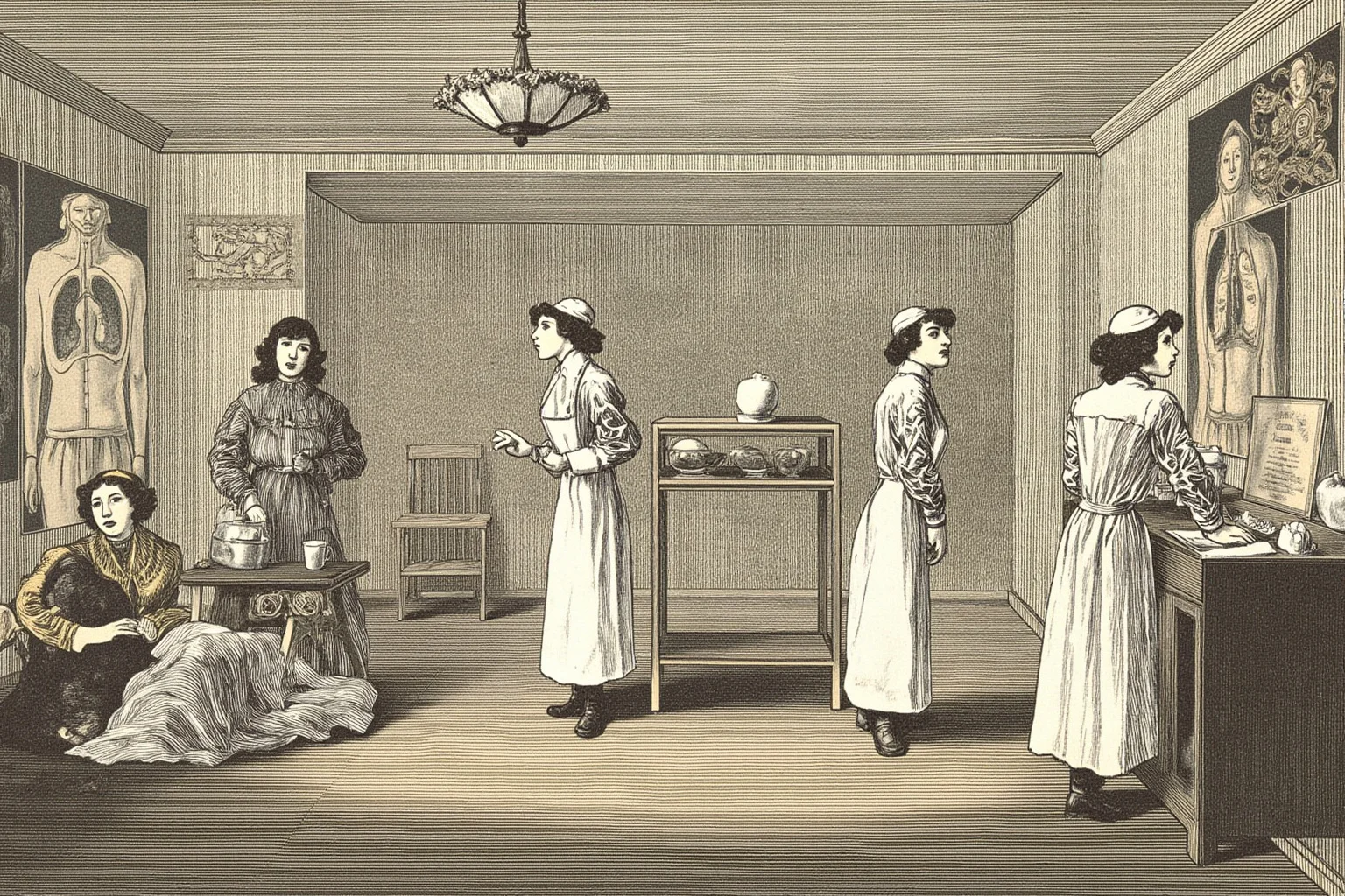 Early 1900s hospital ward with nurses and patients, glass lungs diagram on the wall, vintage illustration style