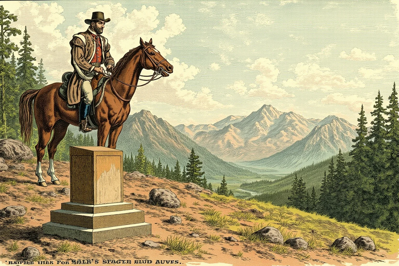 Early 1900s illustration of a rugged figure on horseback in a vast national park landscape of mountains and forests, with a bold 'bully pulpit' podium in the foreground