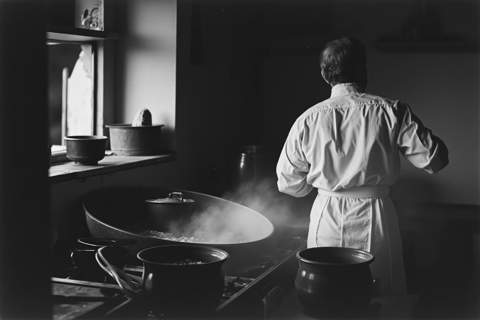 Early 1900s kitchen with a cook preparing food, vintage black-and-white photograph style, subtle sense of unseen germs