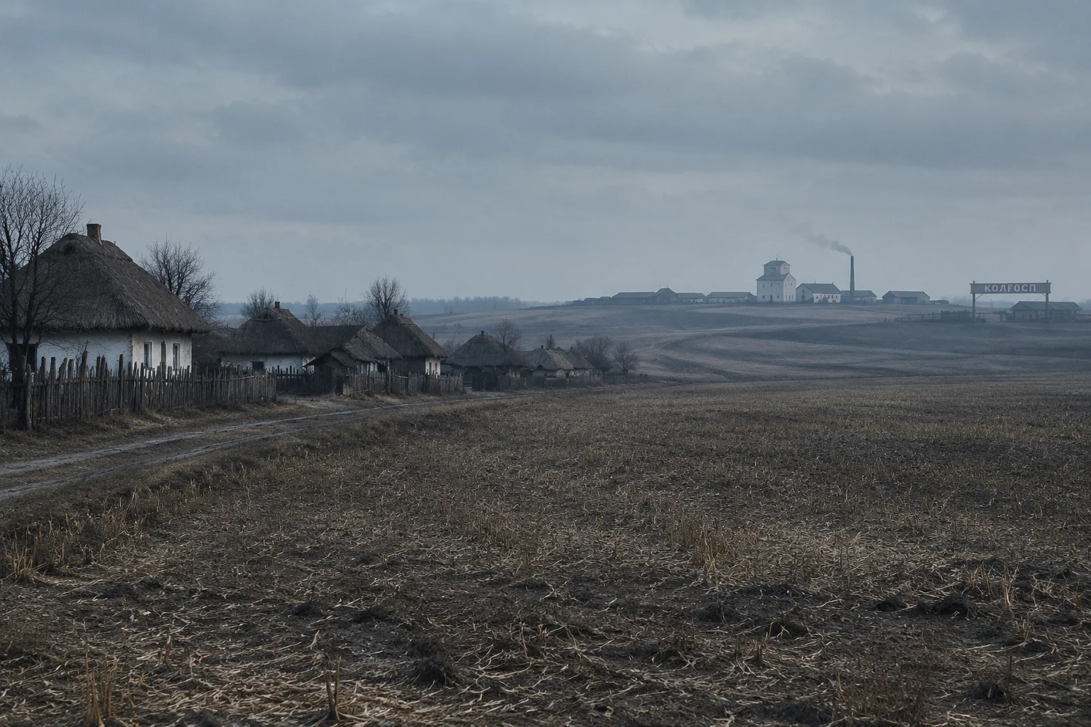 The Single Worst Time Period in Human History? What the Evidence Actually Shows 19 Early 1930s Soviet Ukrainian village with empty grain fields and a distant collective farm, cold muted tones.
