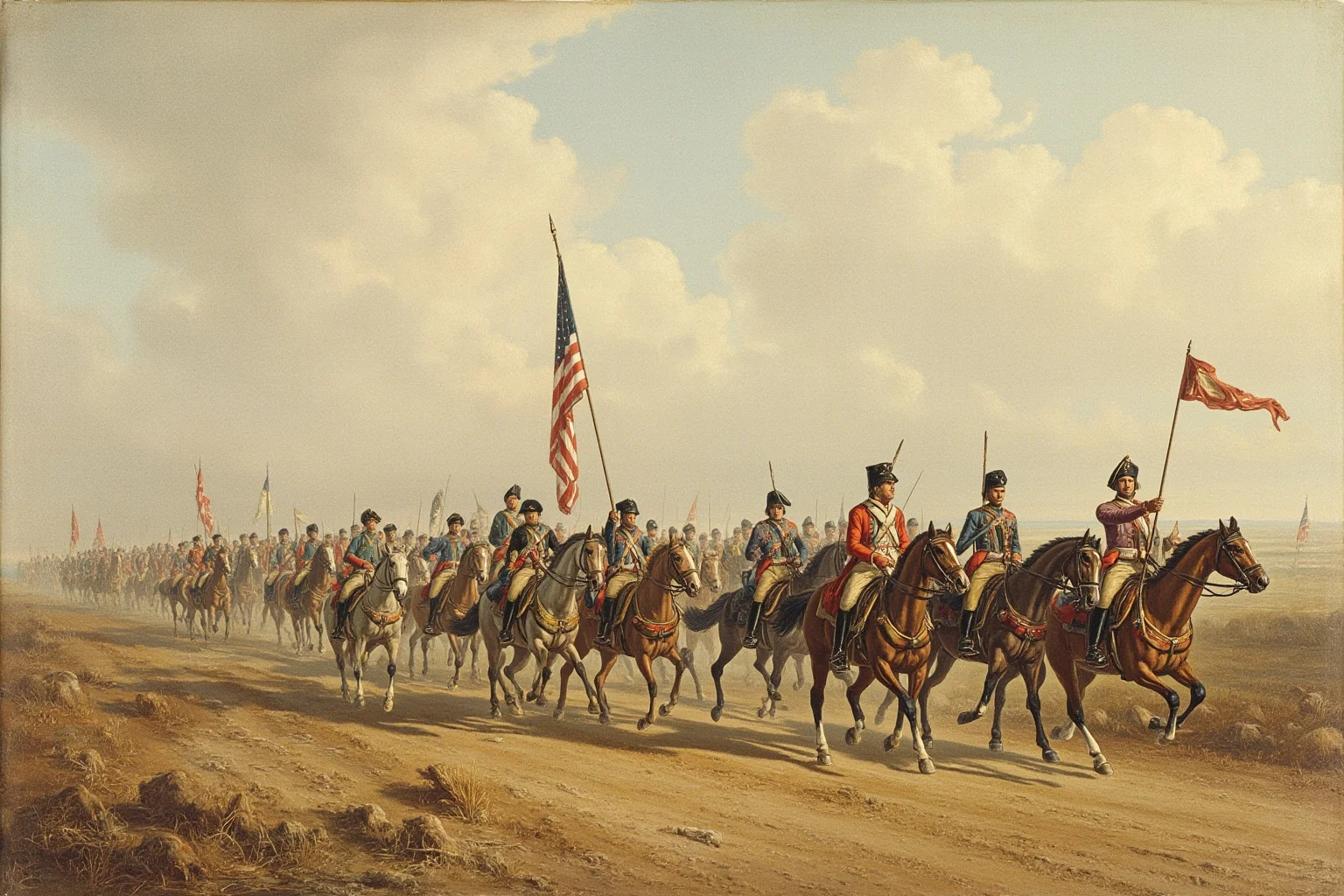 Early 19th-century French army corps marching separately on parallel roads, maps and couriers, wide landscape