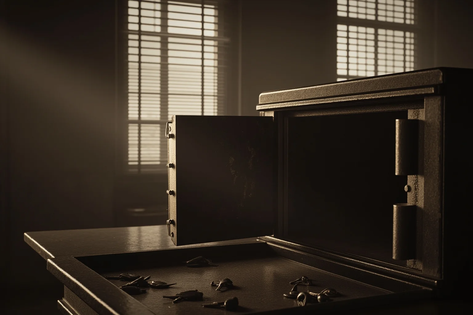 Early 20th-century Dublin Castle interior, an open iron safe in a shuttered office, scattered keys on a desk, dust in a shaft of window light, muted sepia tones.