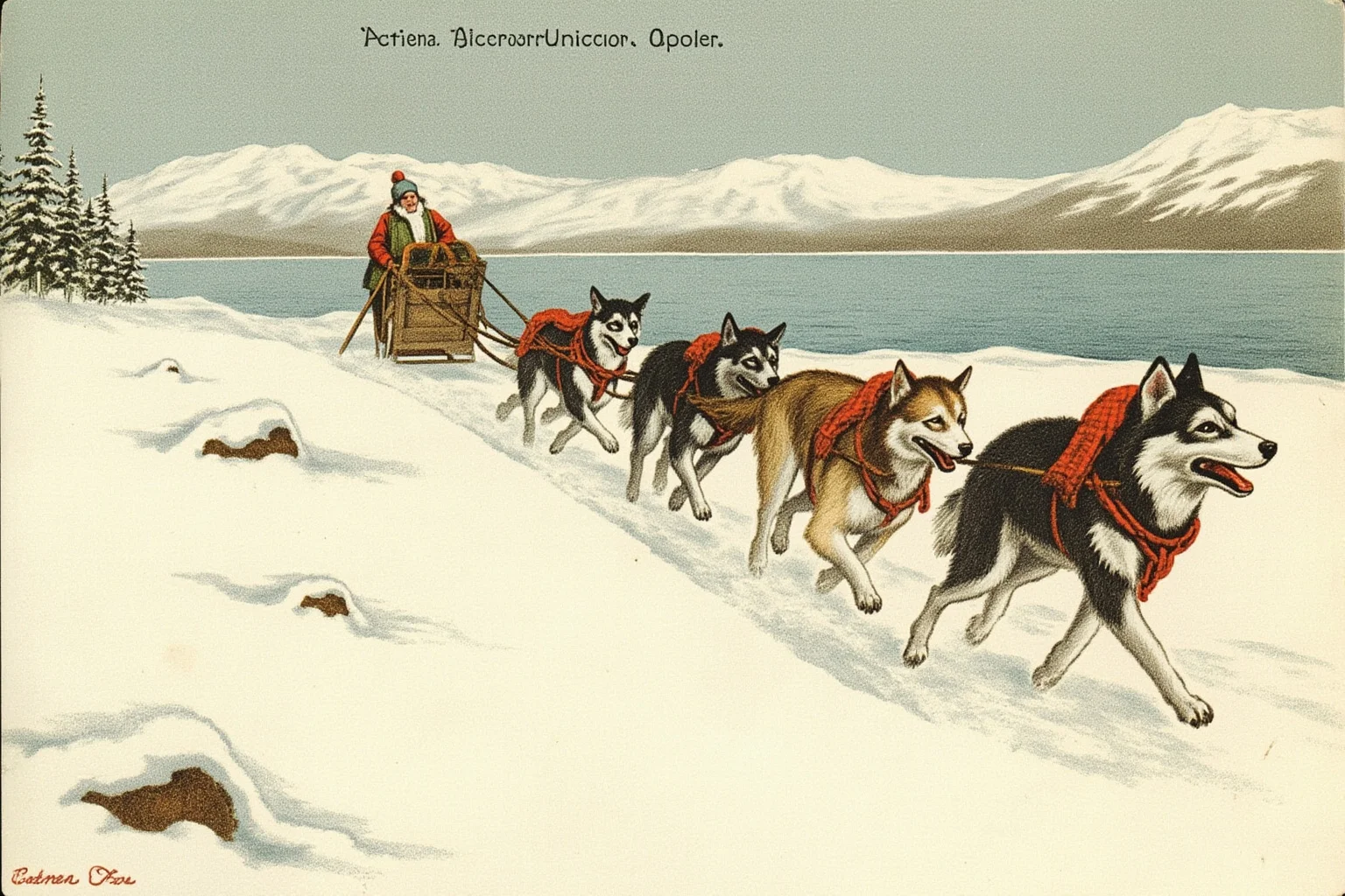 Early 20th-century sled dog team racing across a snowy Alaskan landscape carrying medicine, vintage illustration style