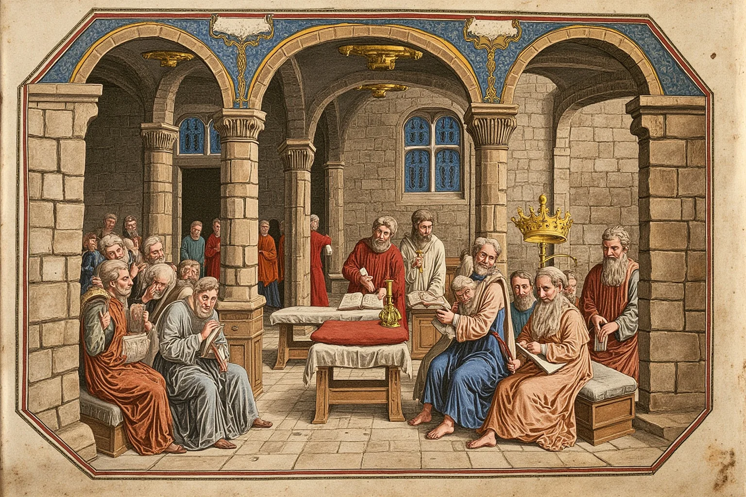 Early medieval Frankish emperor's court with scholars copying manuscripts in a stone hall, a golden crown on a cushion, illuminated manuscript style