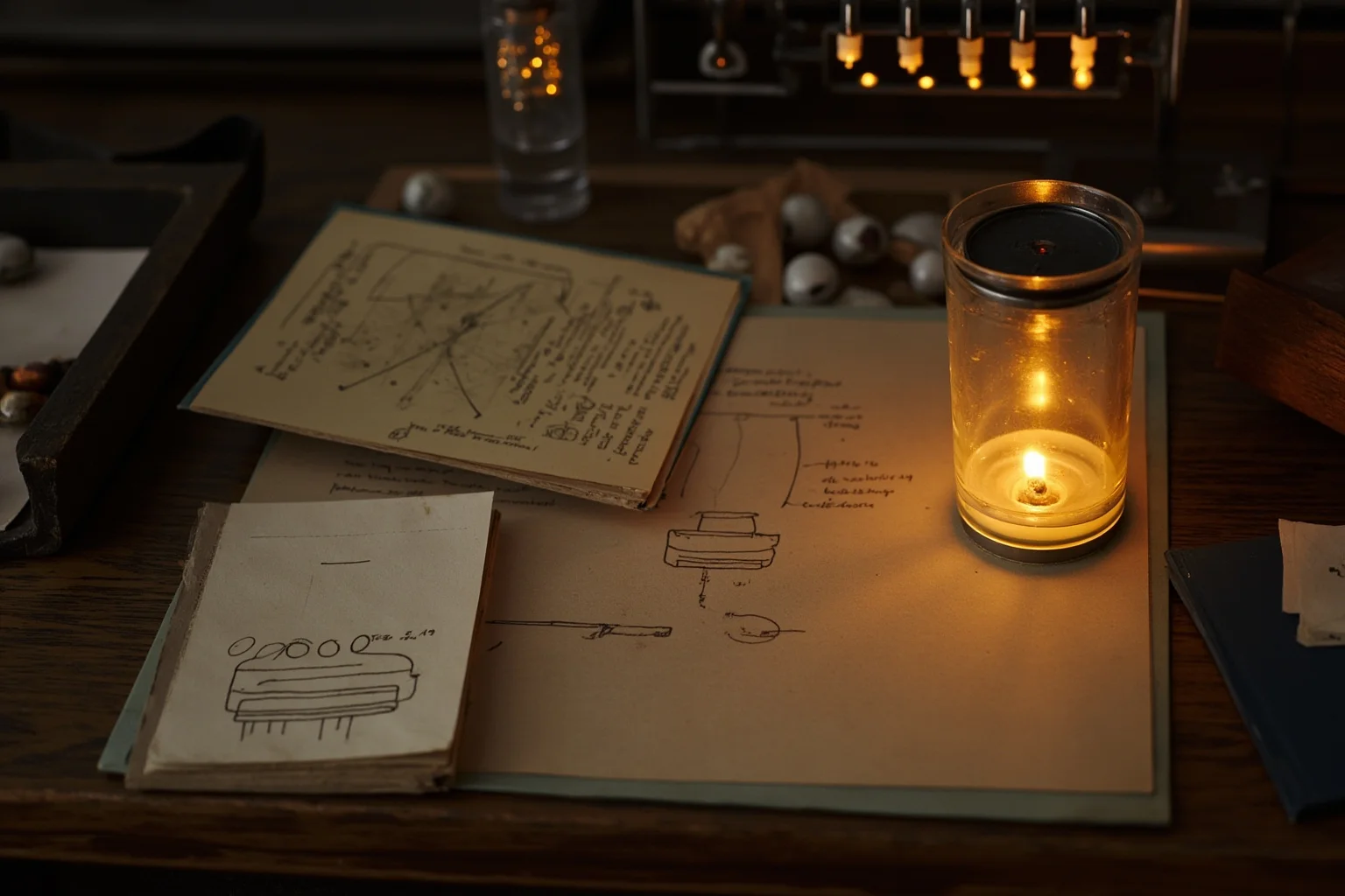 Early twentieth-century physicist's laboratory with a glowing atomic device sketch and a worn novel on the desk
