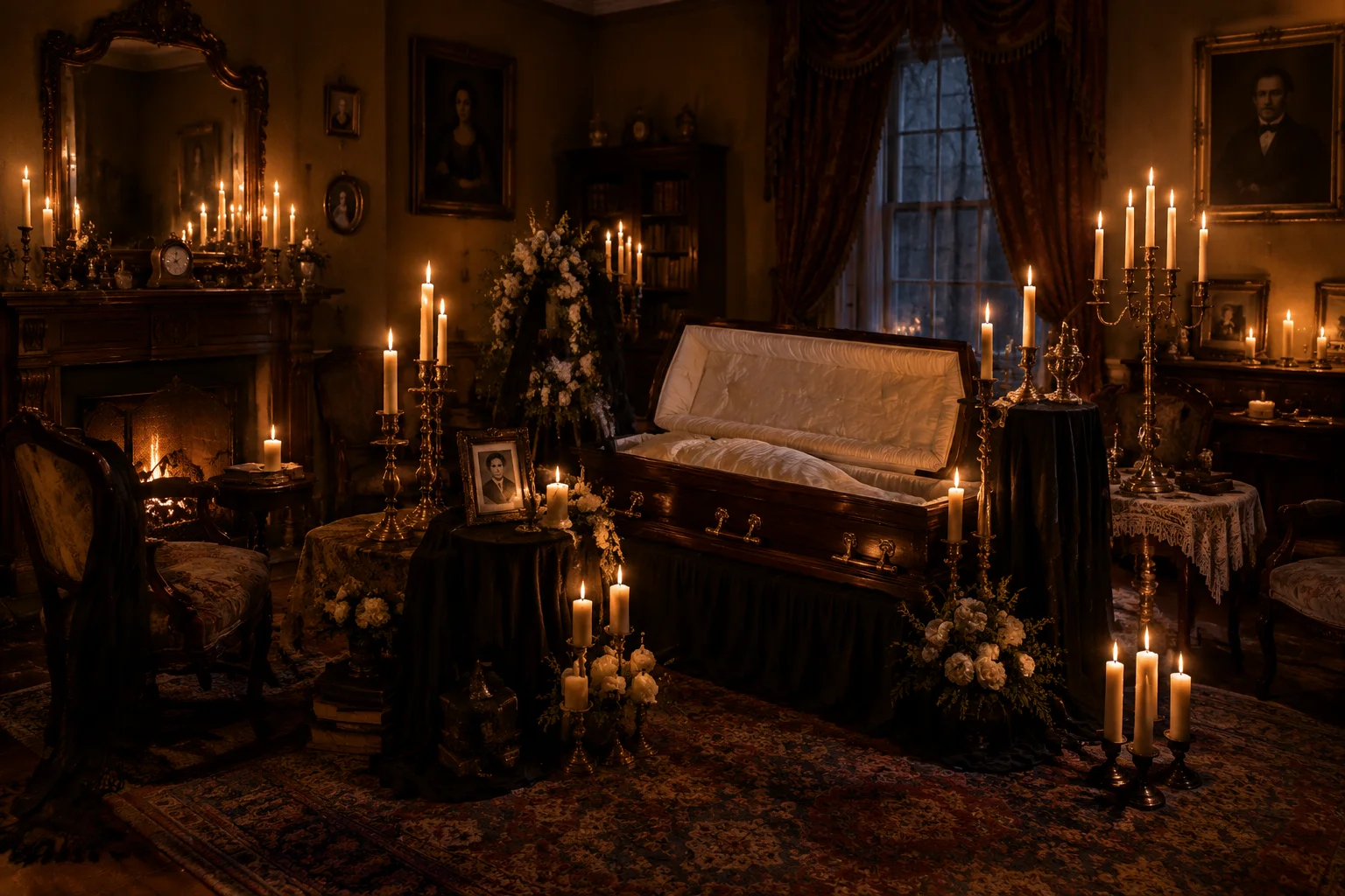 Eccentric 1800s American parlor with a mock funeral setup, candles and empty coffin, candlelit historical scene