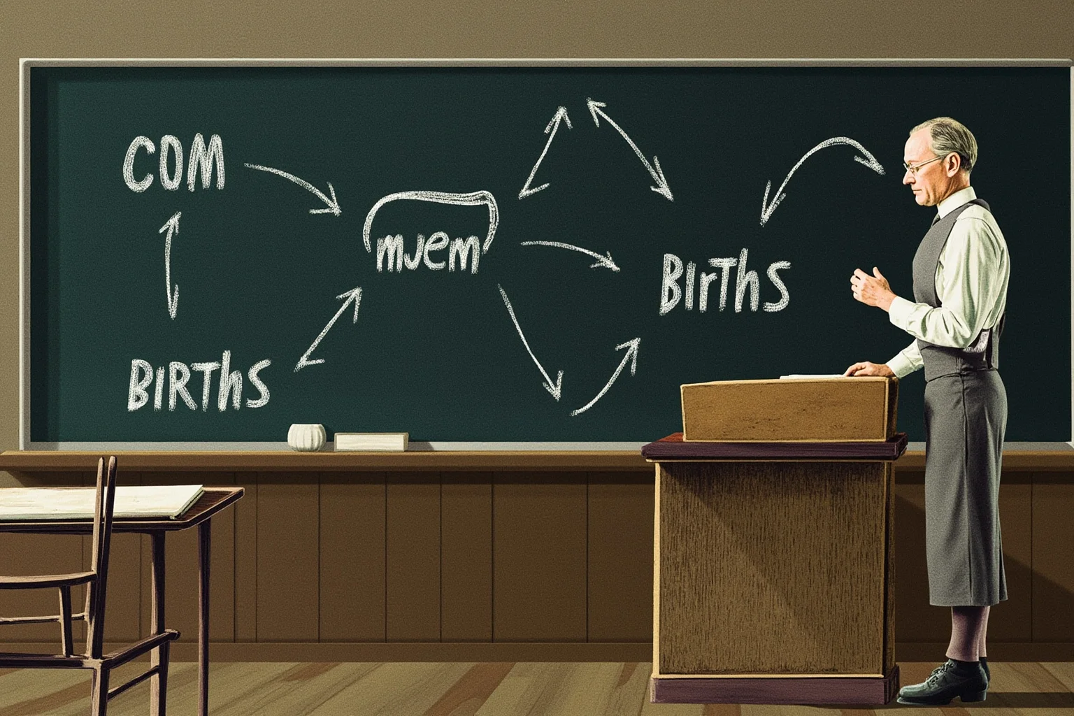 Economist's chalkboard in a mid-century classroom with arrows linking jobs, marriage, and births, stylized illustration