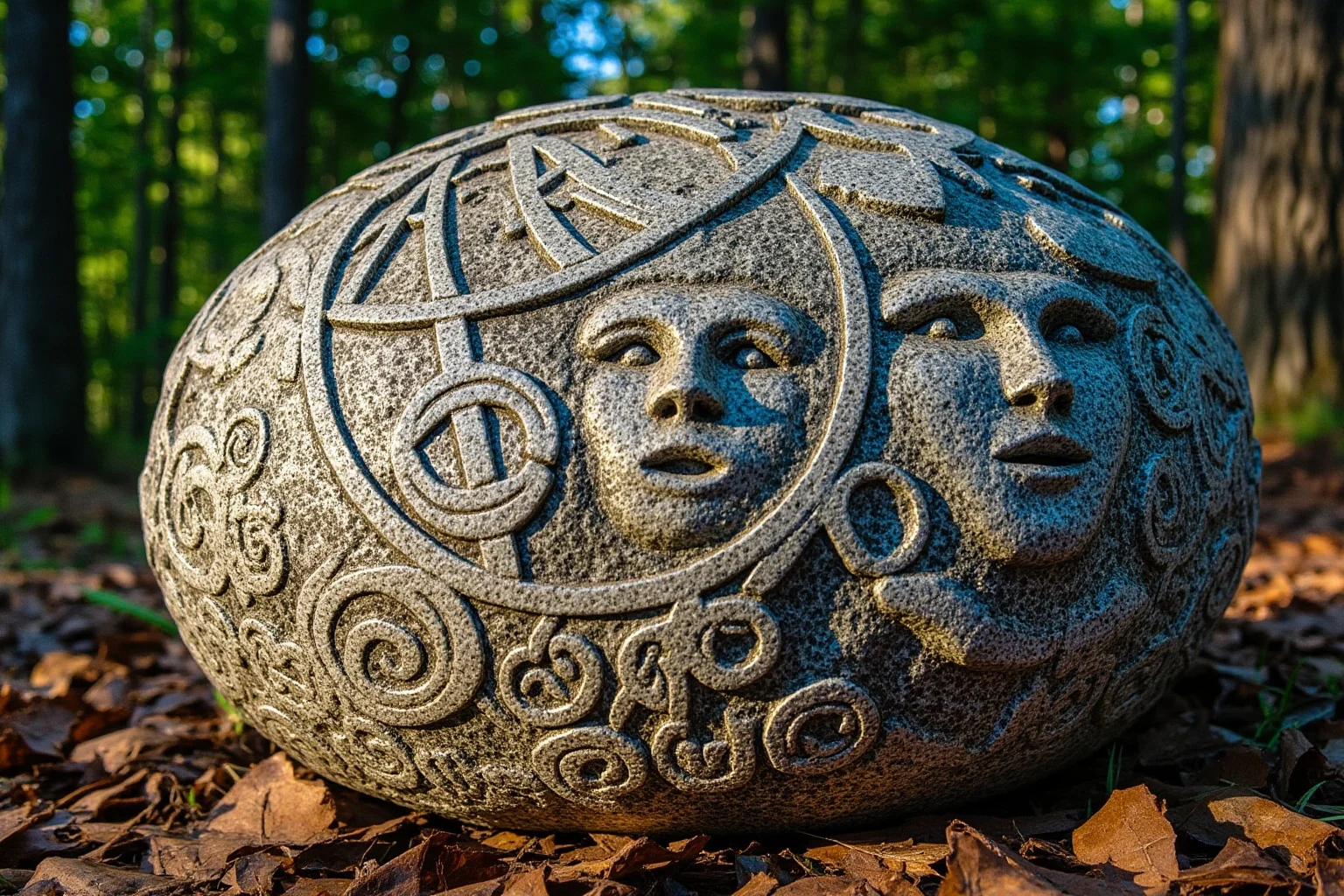 Egg-shaped stone with carved faces and astronomical symbols, Lake Winnipesaukee, New Hampshire, forest setting, photorealistic