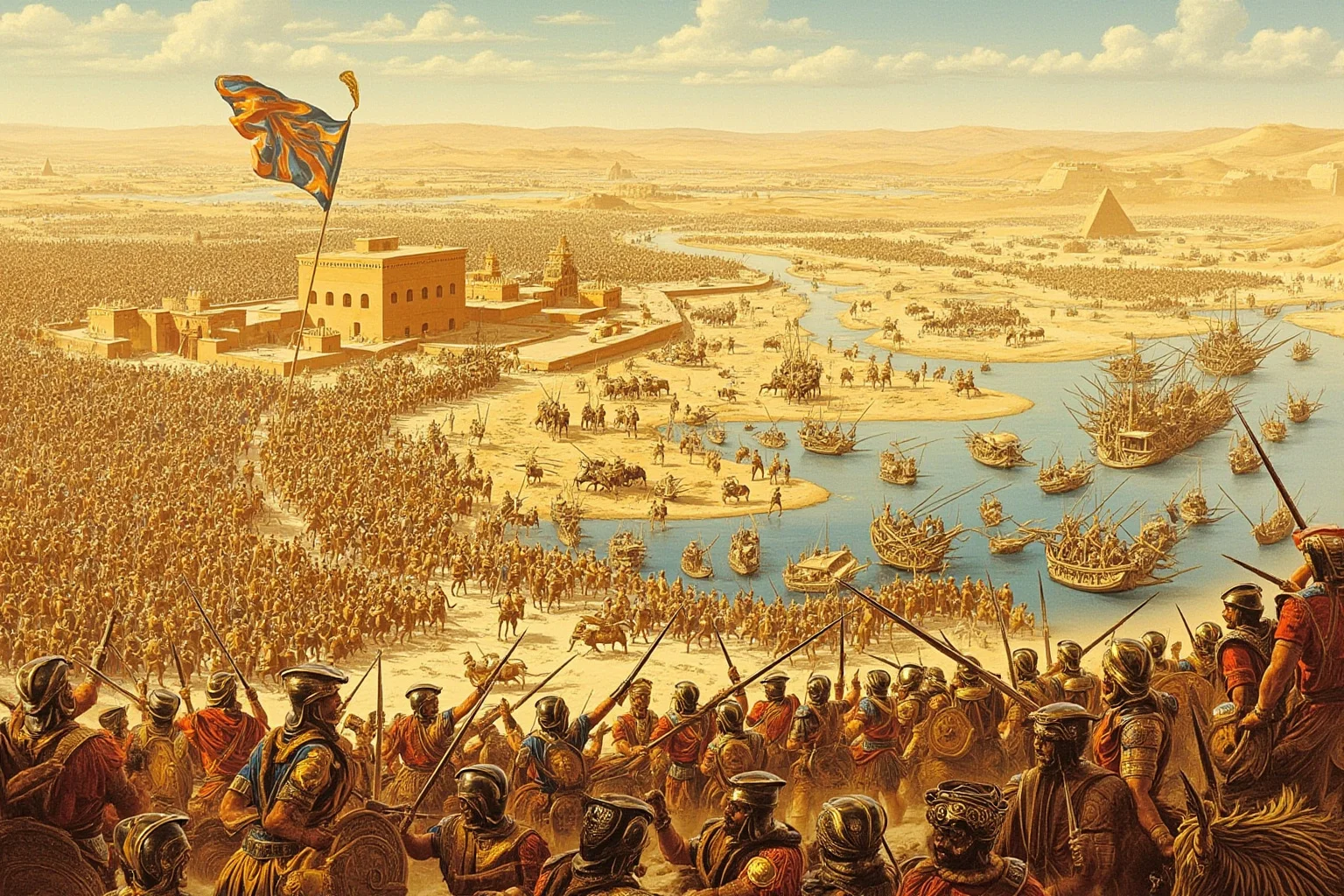 25 Epic Battles of History: The Greatest Clashes That Shaped Our World 3 Egyptian and Hittite armies clashing near a fortified city by a river at the Battle of Kadesh, chariots and spearmen, warm desert tones, historical illustration