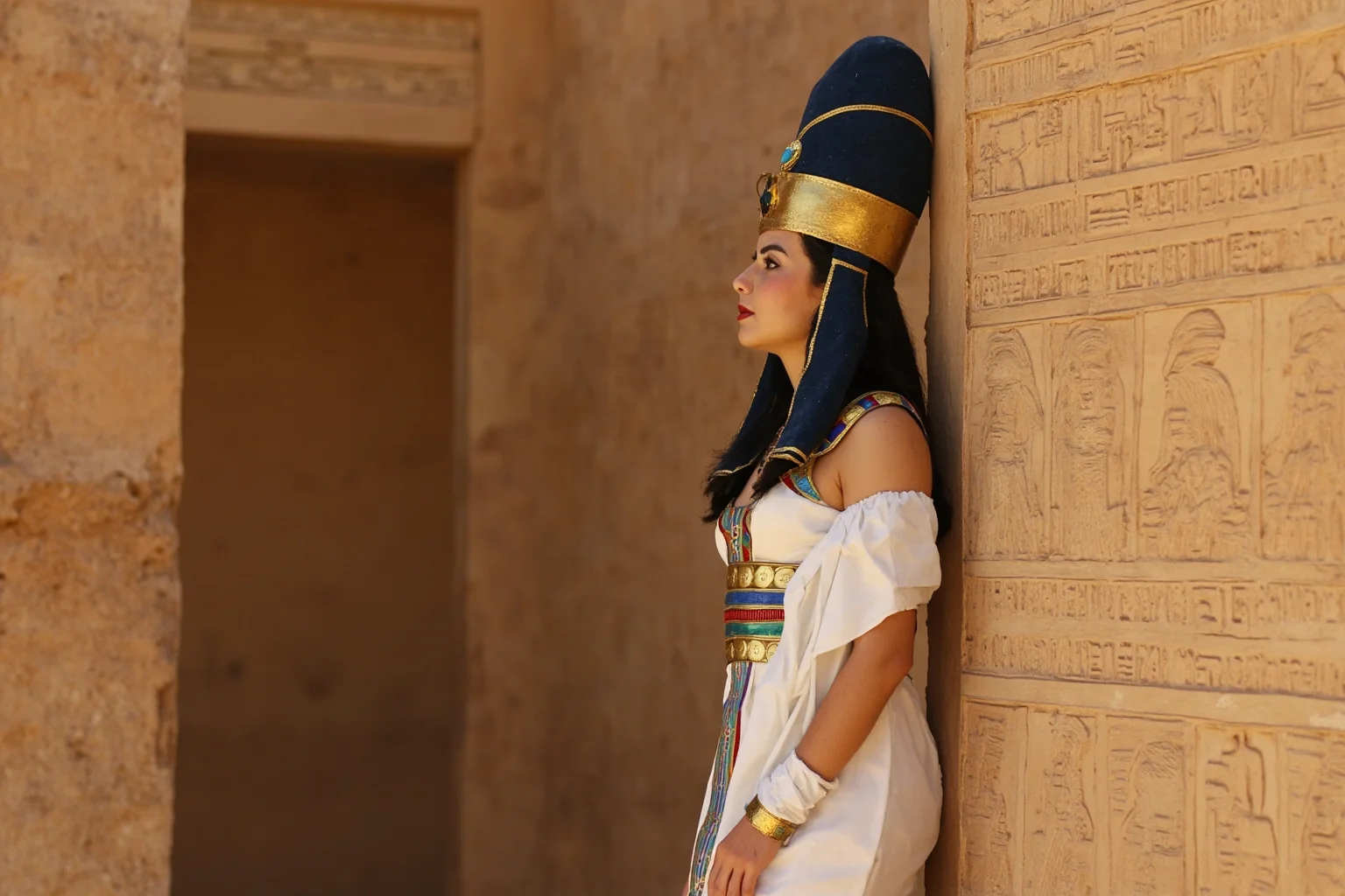 Egyptian female pharaoh in ceremonial regalia standing before a half-built temple, hieroglyphs being carved on the walls behind her