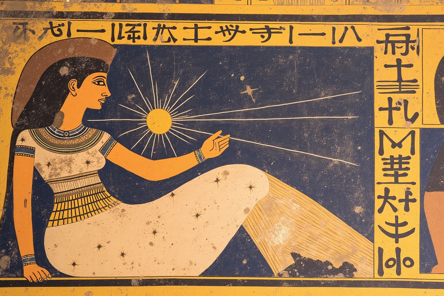 Egyptian sky goddess Nut arched over the earth god Geb, stars on her body, sun barque crossing the sky, temple wall painting style, no text.