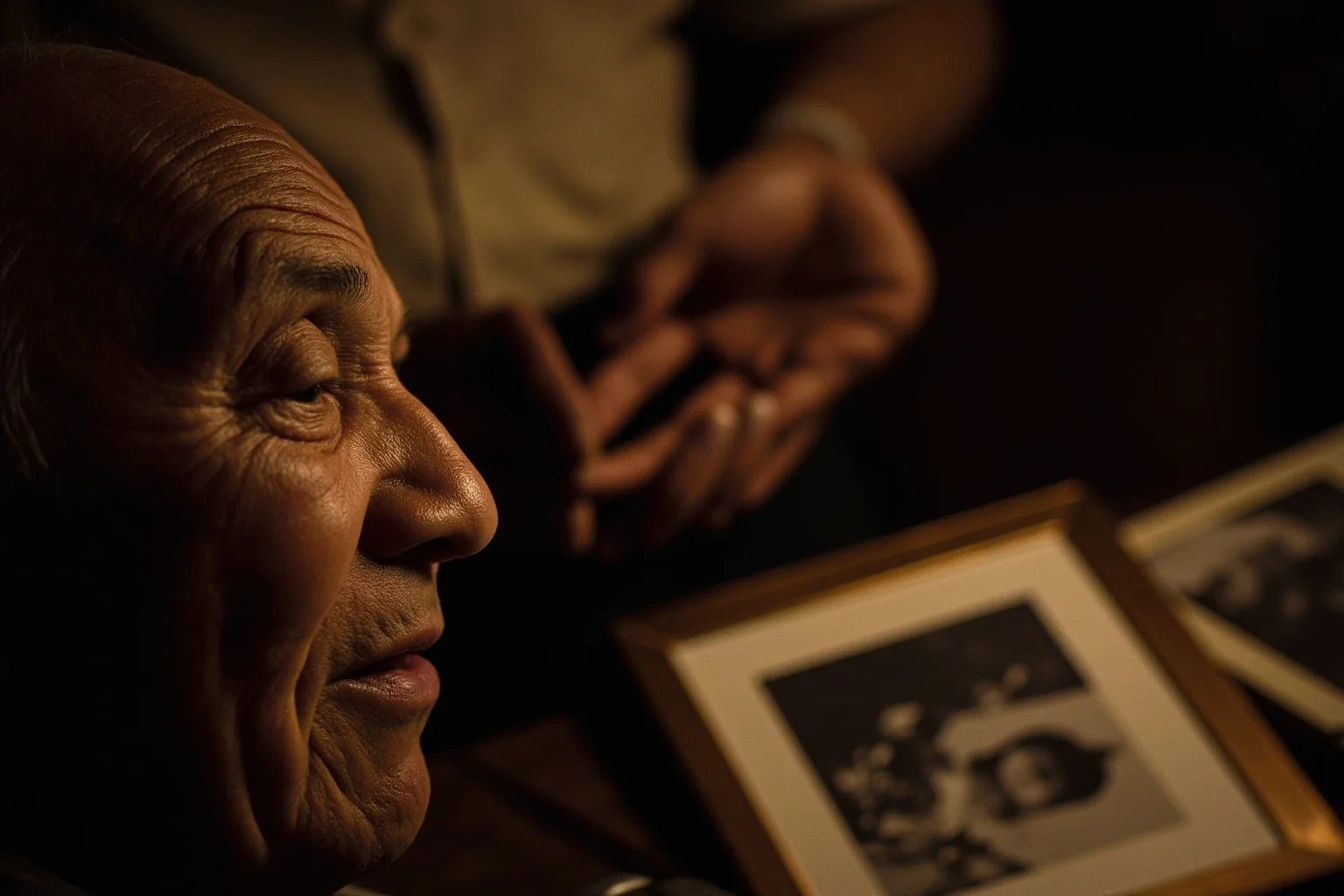 Elderly Pearl Harbor survivor being interviewed with a recorder and photographs on a table, warm documentary lighting, face not clearly shown