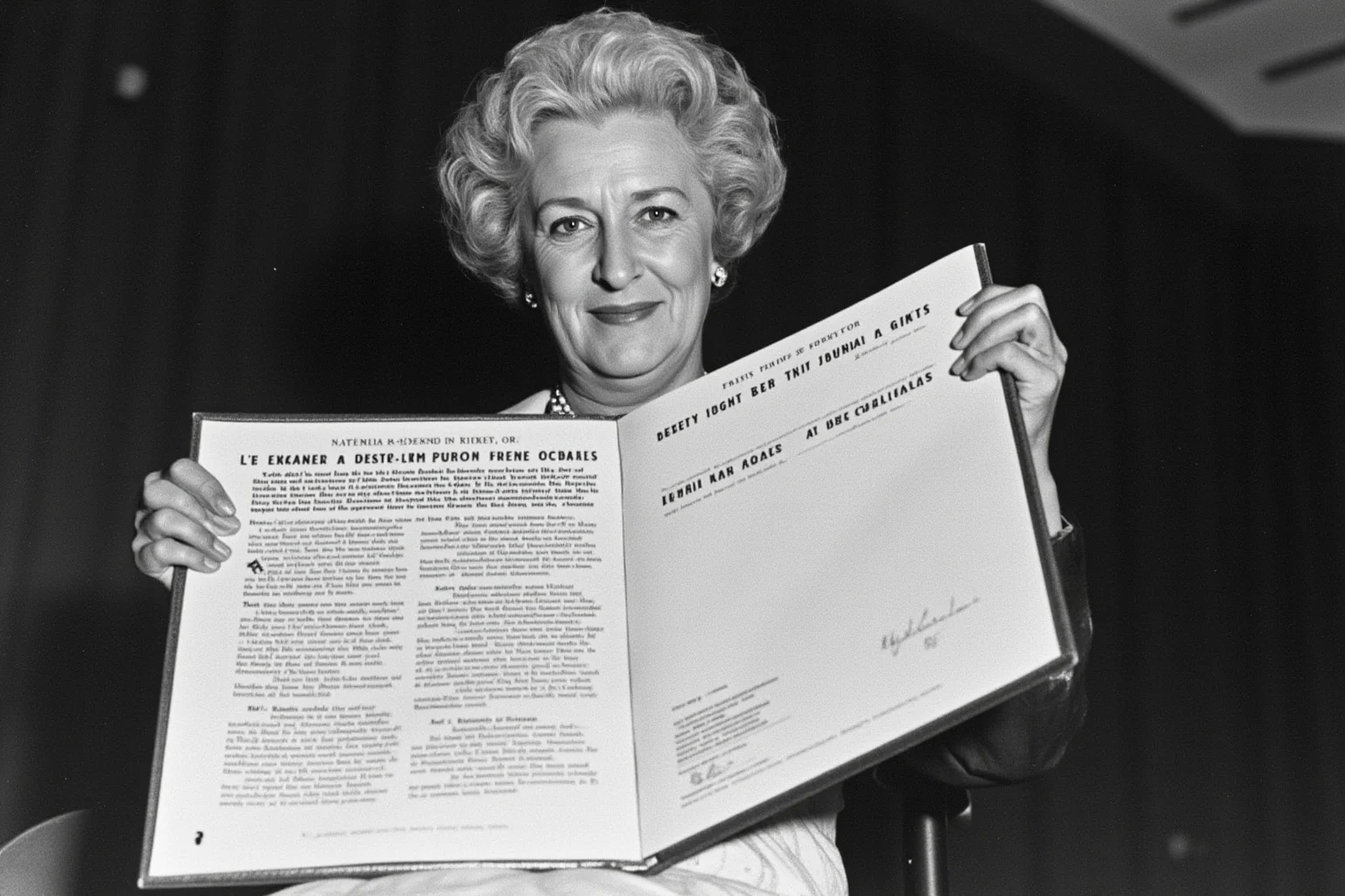 Eleanor Roosevelt holding the Universal Declaration of Human Rights document, 1948, historical photo style