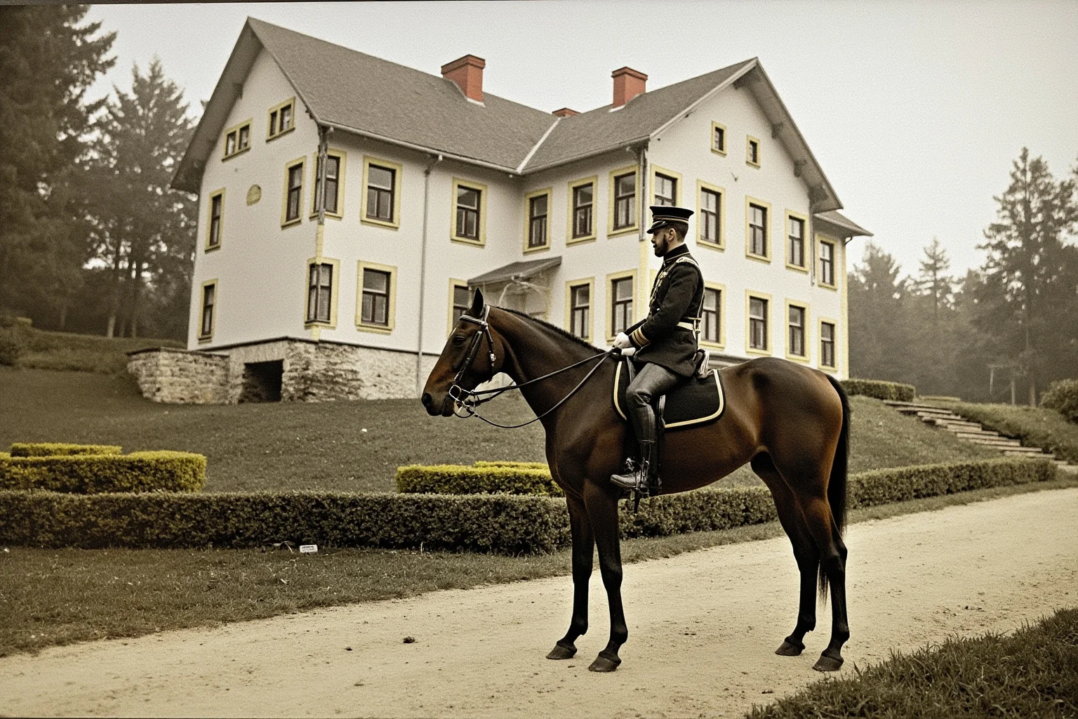 Elegant early-1900s scene of a cavalry officer in dress uniform beside an Austrian-style manor house with a garden