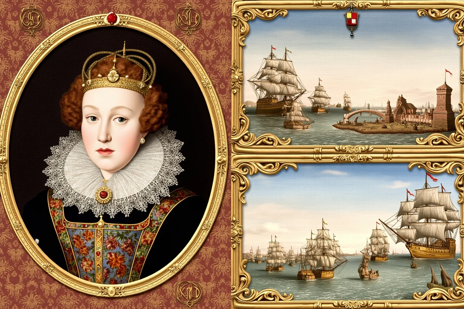 Richest Women in History: 22 Wealthiest Females of All Time 11 Elizabethan England portrait-style image with Tudor rose and sailing ships
