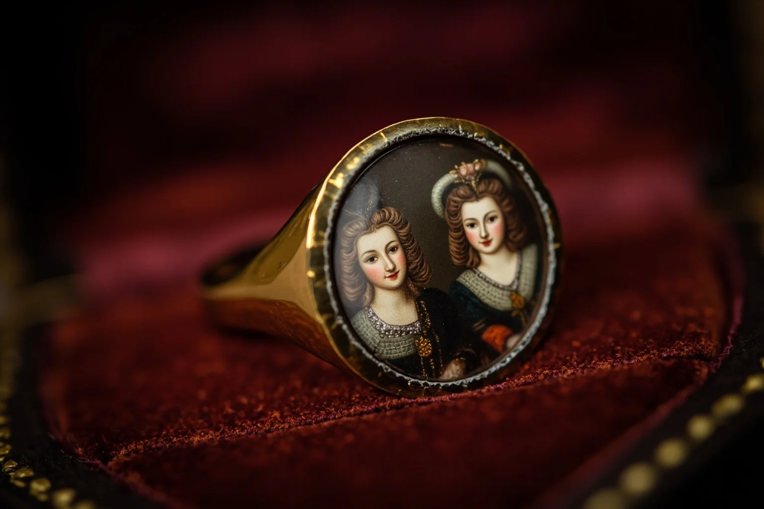 20 Facts About Anne Boleyn: Myths, History and Real Life 20 Elizabethan ring with a hidden compartment opened to reveal two tiny portrait miniatures, resting on velvet, macro still-life style