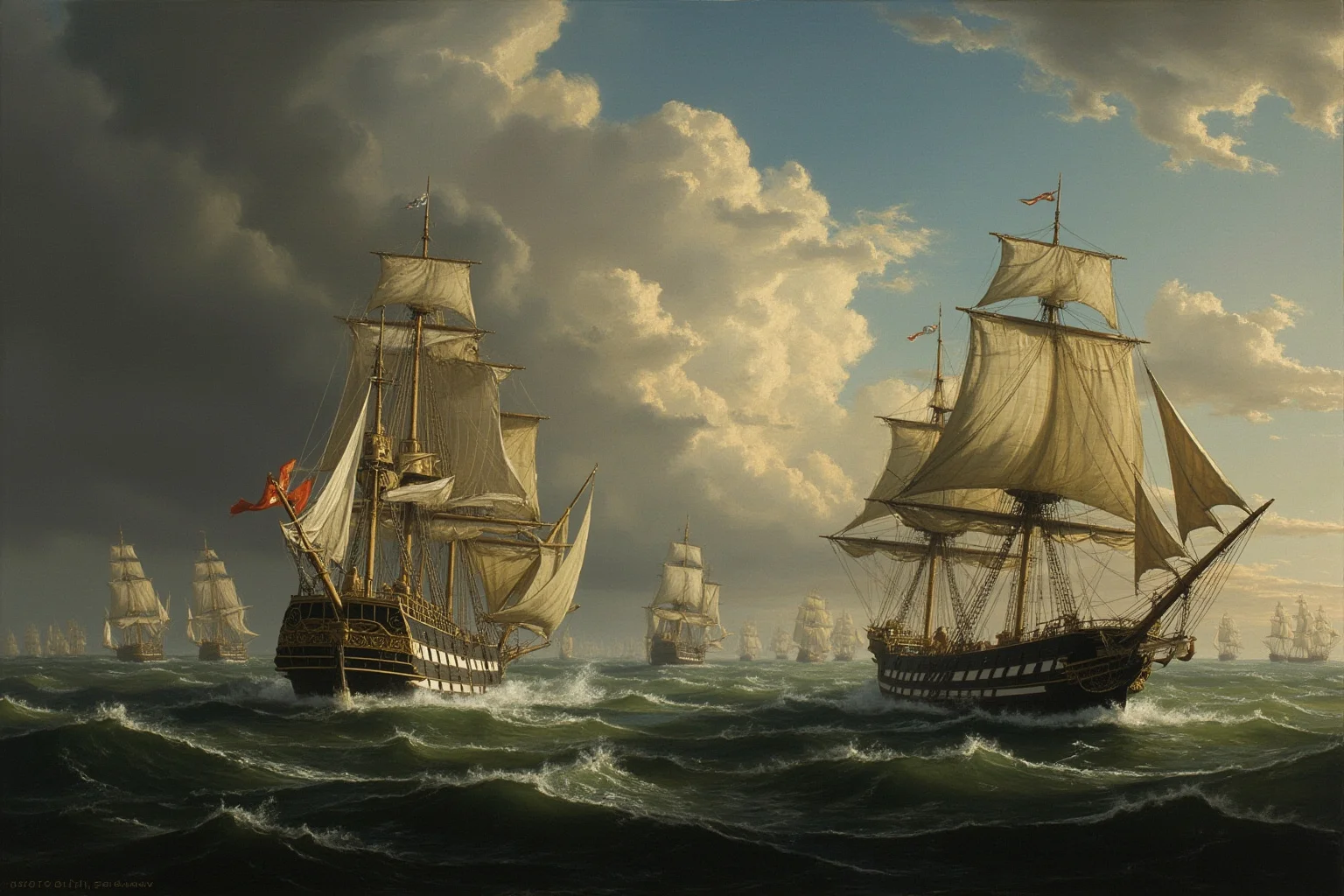 Elizabethan sailing ships clashing with large galleons at sea during a storm, oil-painting style, dramatic clouds