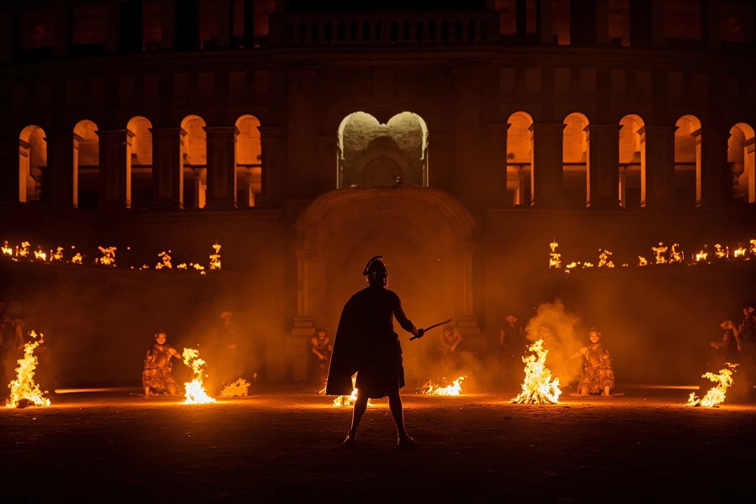 Yes, Female Gladiators Existed — And Here's Everything You Need to Know About Them 14 Emperor Domitian's torchlit nighttime games with female gladiators fighting under flickering firelight in a Roman arena